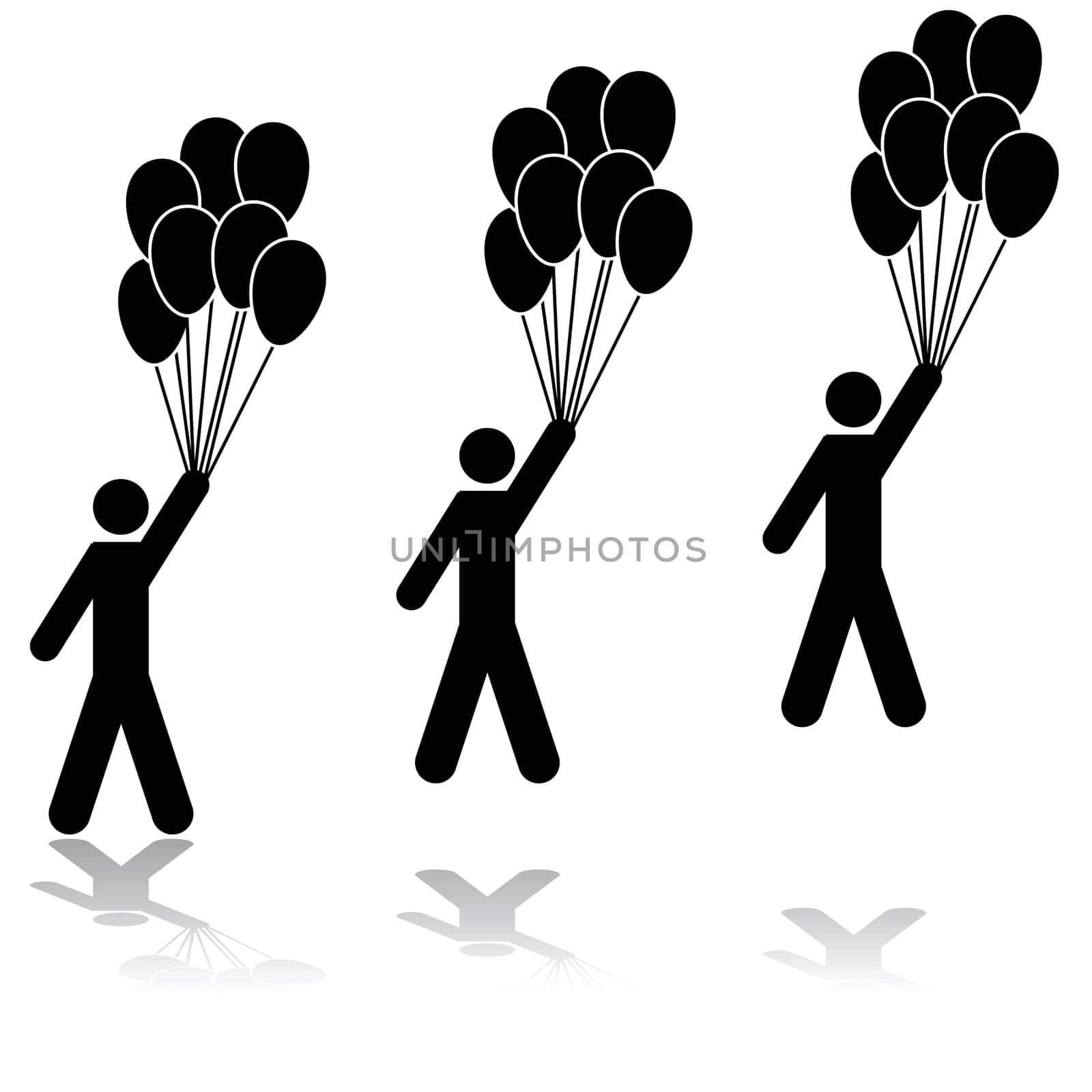 Icon illustration showing a man holding several balloons being carried away by them