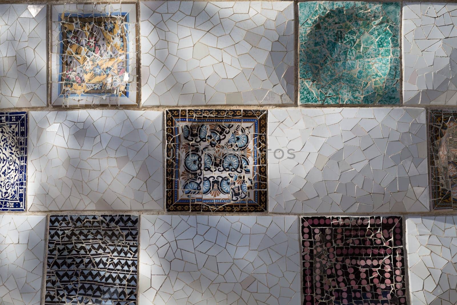 Close-up of the ceramics in Park Guell Barcelona created by Antonio Gaudi