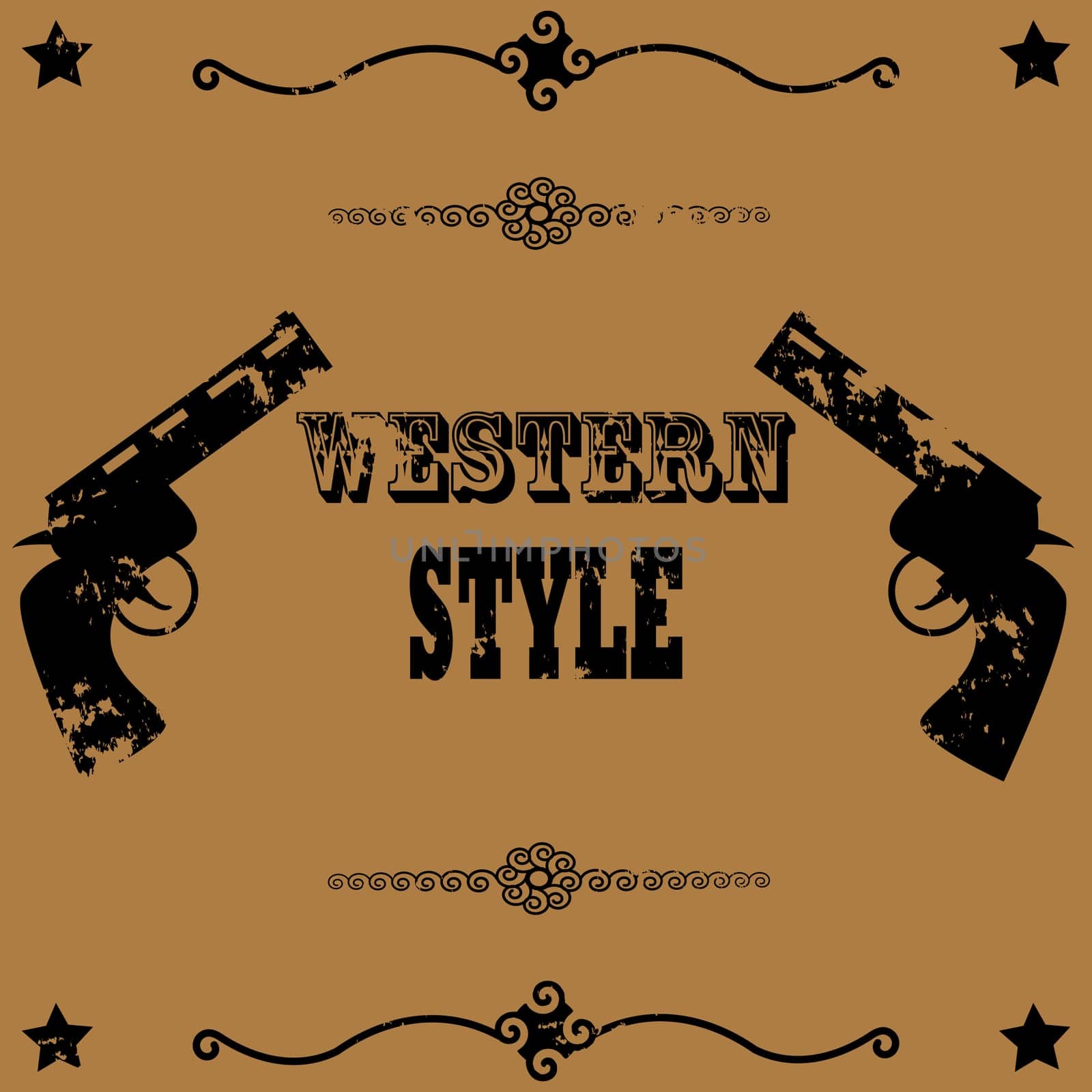 Concept illustration showing a vintage poster background image with two guns and the words Western Style