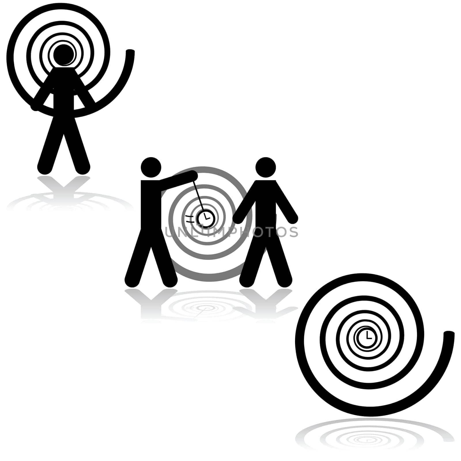 Icon set showing a man being hypnotized, another hypnotizing someone and a clock with a hypnosis spiral around it