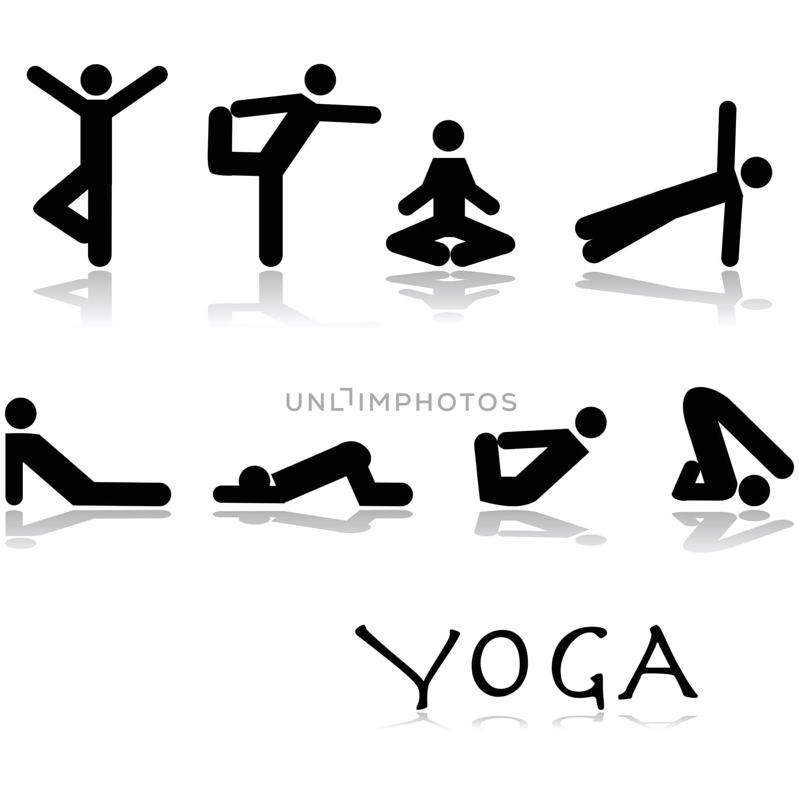 Icon set showing different yoga poses performed by stick figures