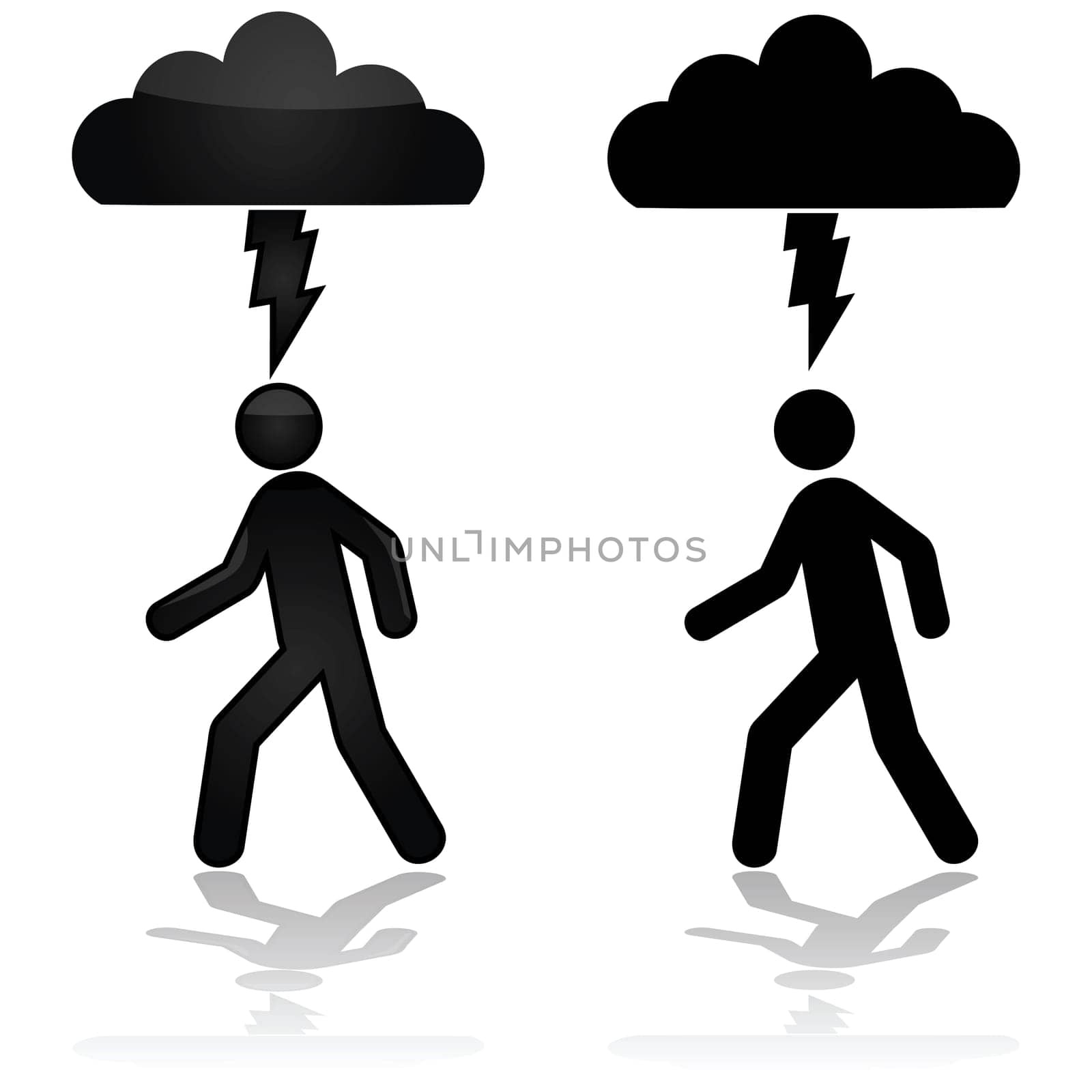 Concept illustration showing a person walking under a cloud with a lightning bolt