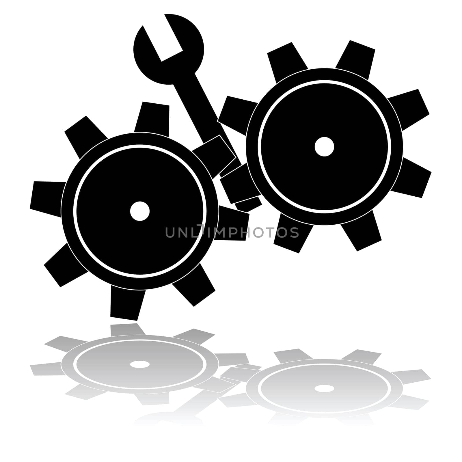 Concept illustration showing a wrench getting stuck in the wheels of a gear mechanism