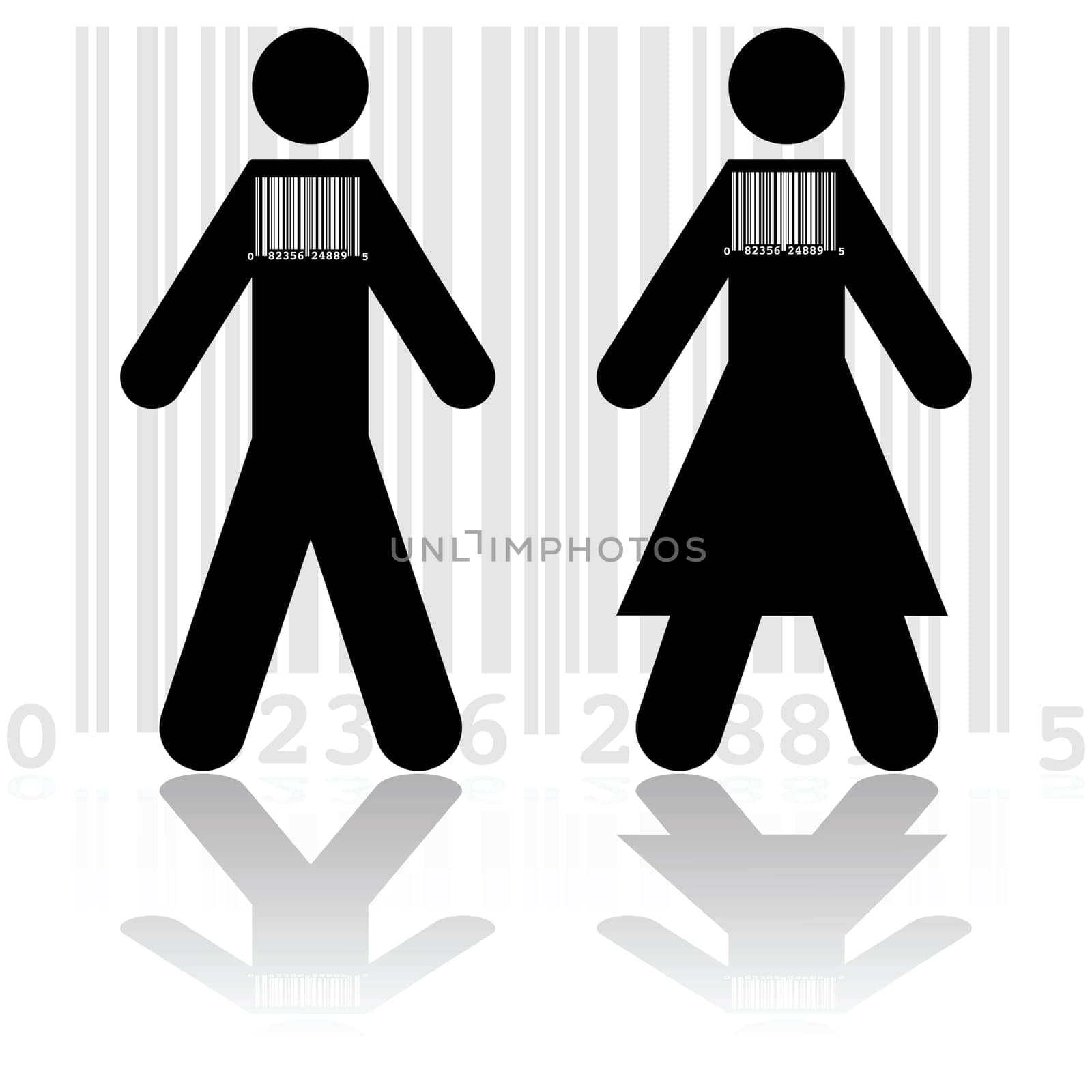 Concept illustration showing a couple wearing barcodes, to represent the commodification of modern society