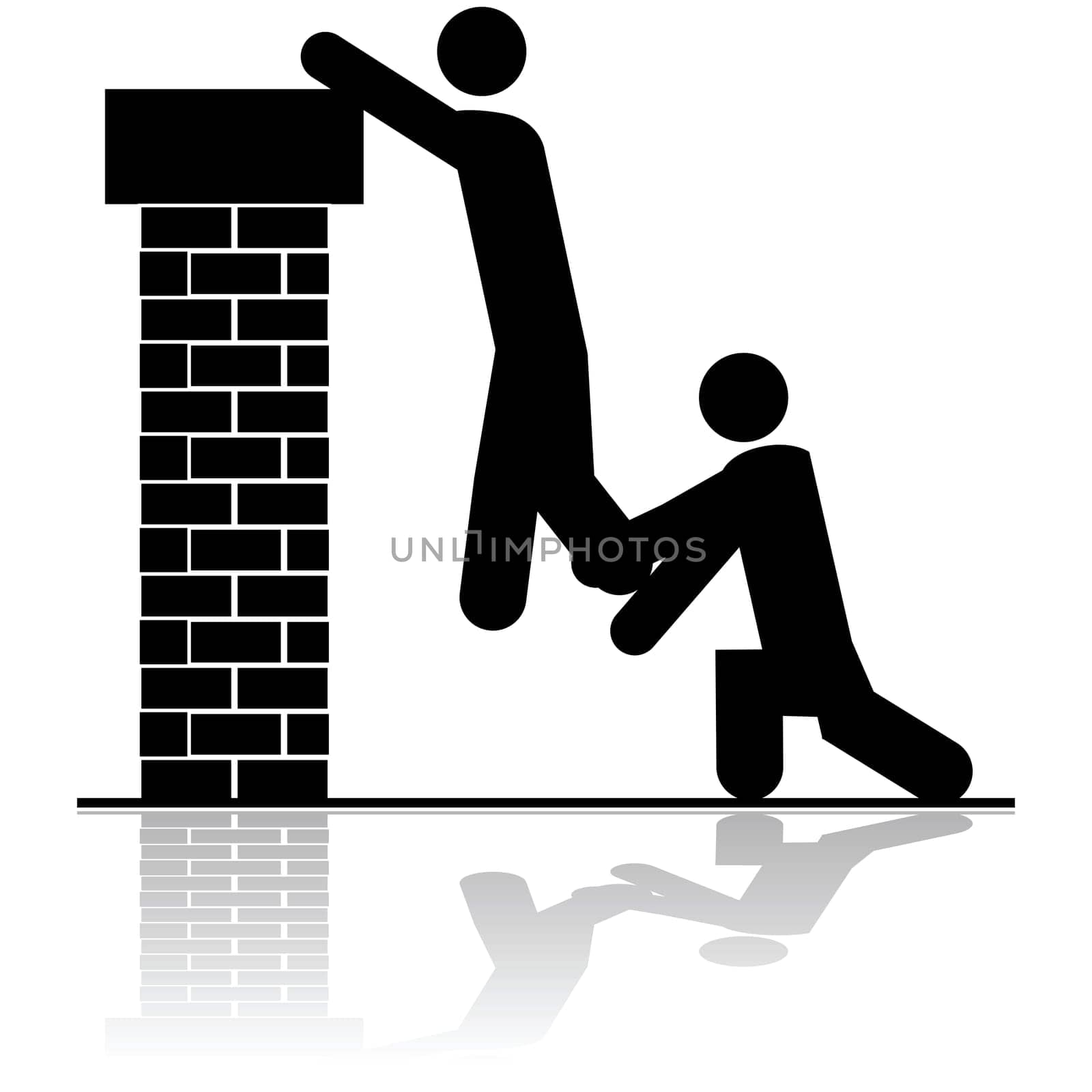 Icon illustration showing a person helping to lift another over a brick wall