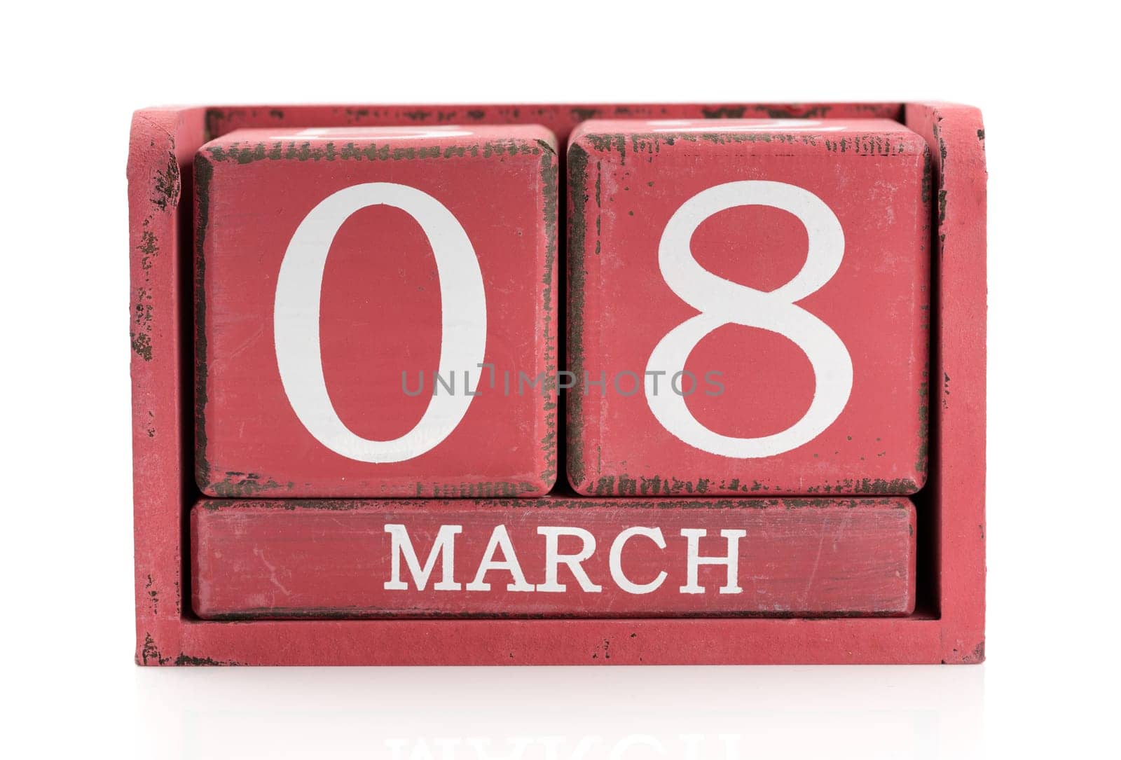 Red wooden calendar, March 8. Isolate on white.