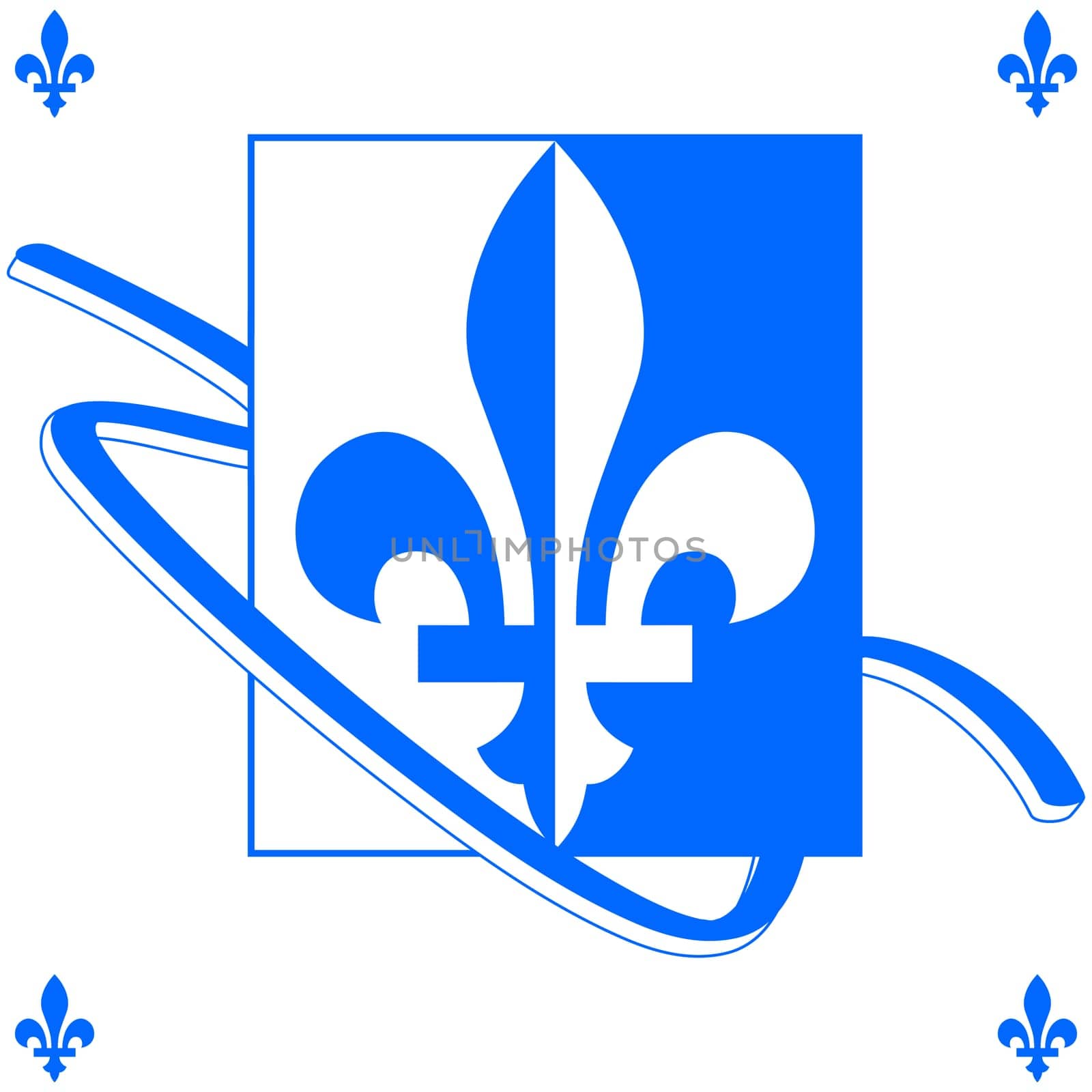 Background illustration showing a Quebec fleur-de-lys in blue and white with a ribbon around it