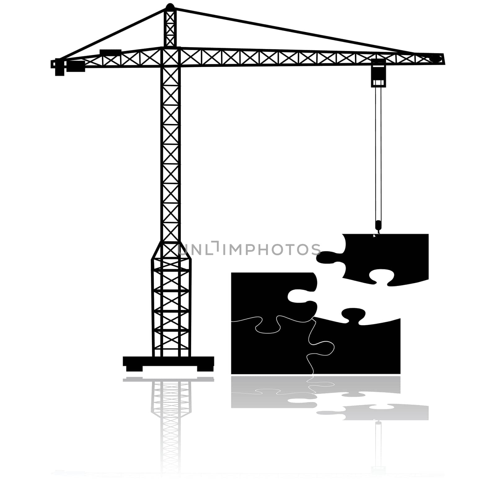 Concept illustration showing a crane moving the final missing piece to complete a puzzle