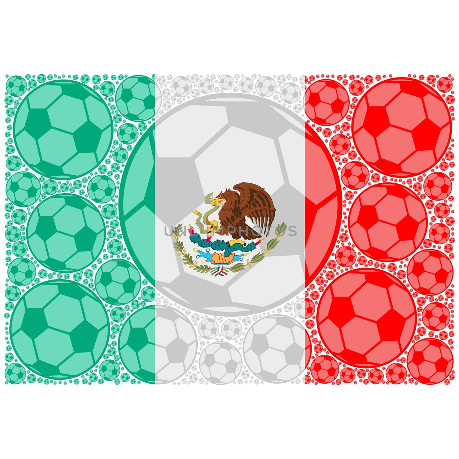 Concept illustration showing the flag of Mexico made up of soccer balls
