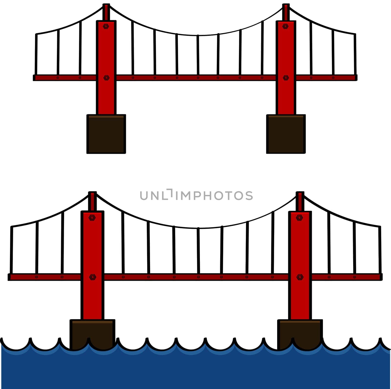 Cartoon illustration showing a bridge standing by itself and over water