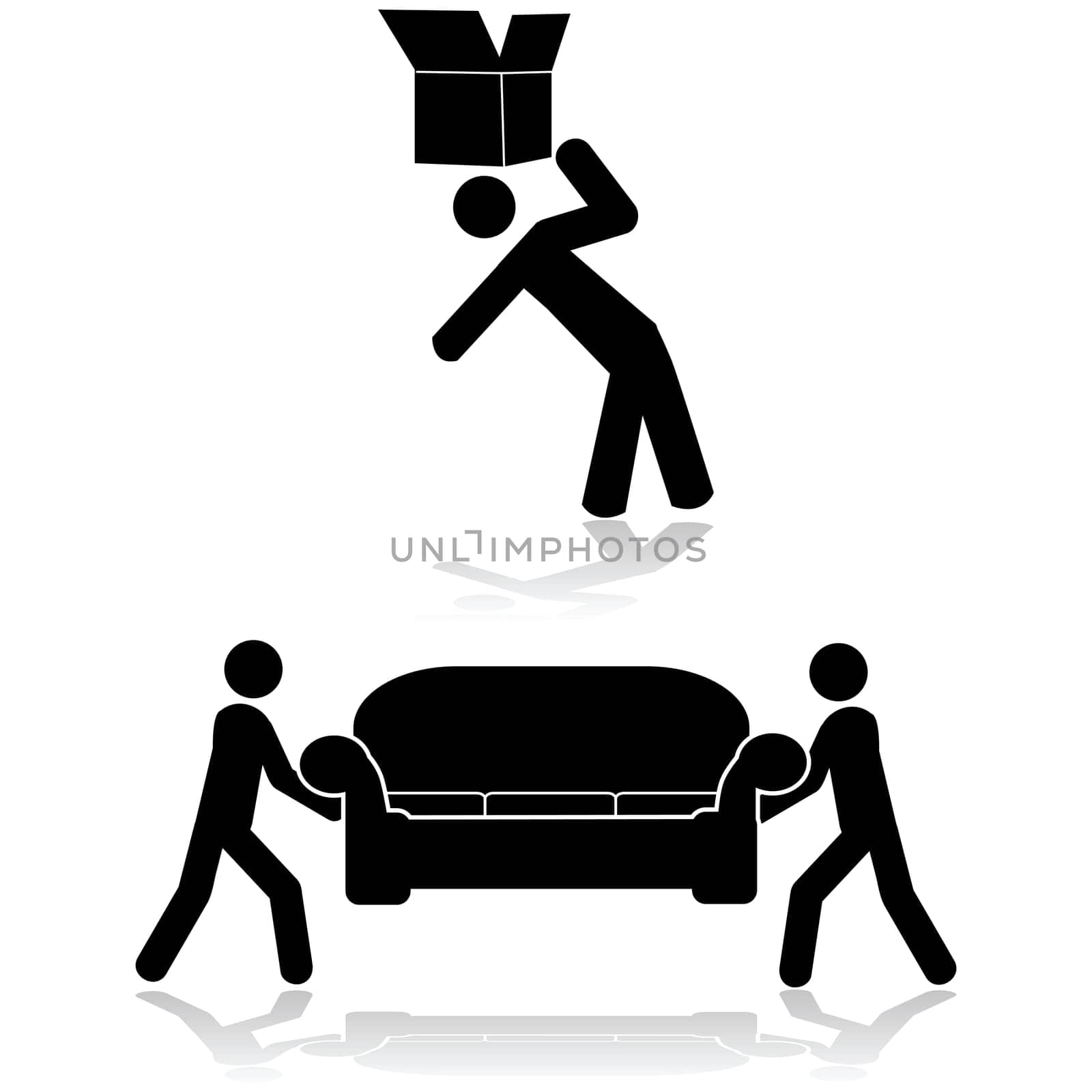 Icon set showing a couple of people moving a sofa and another moving a box