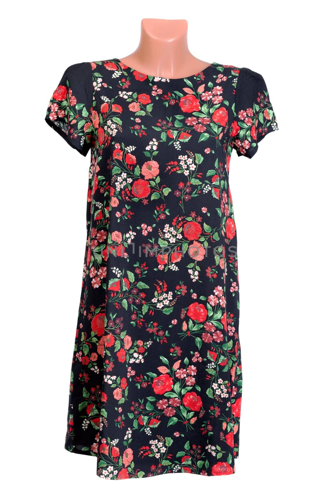 Black female dress in red flower on manikene. Isolate on white.