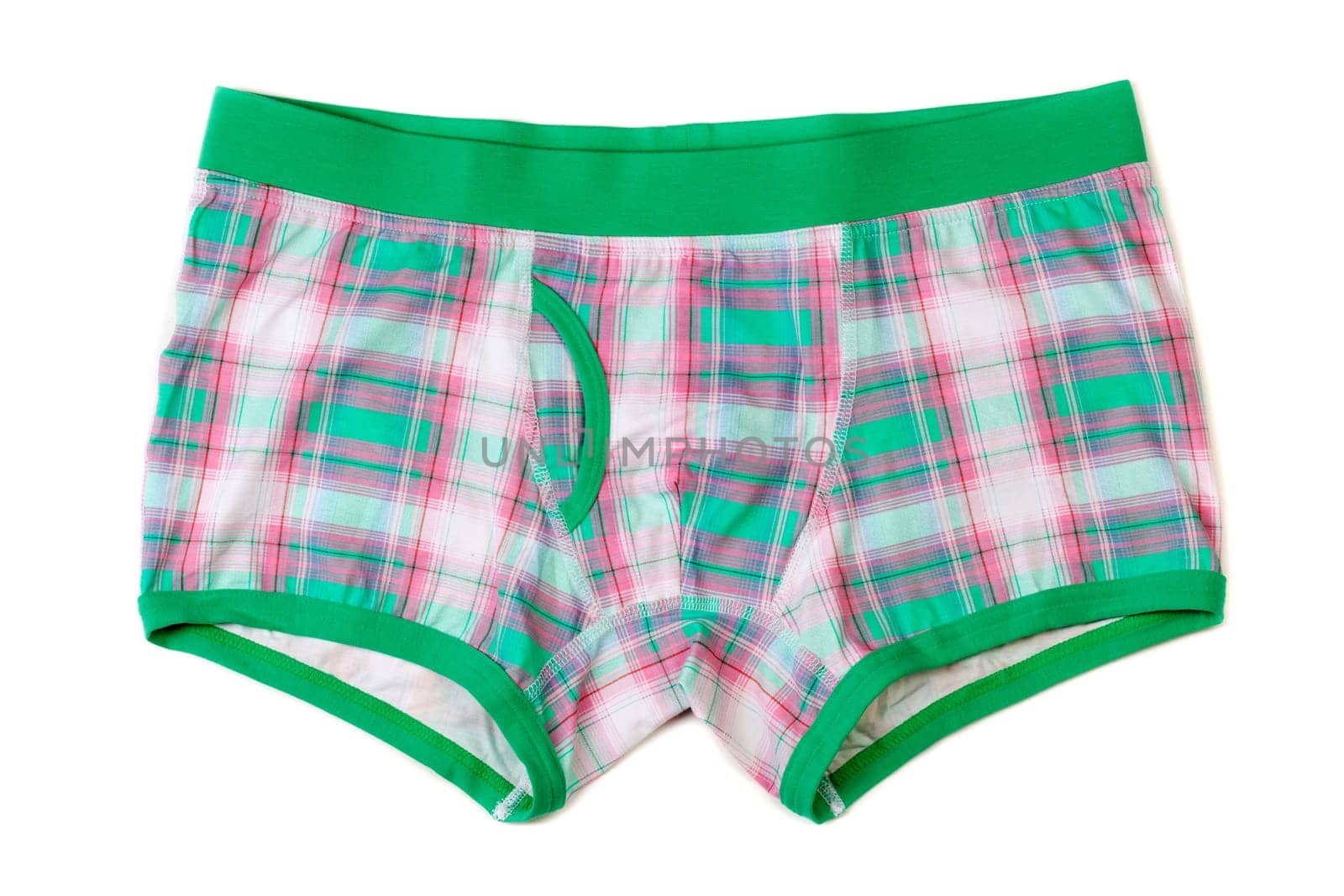Men's boxer shorts in green-pink checkered. Isolate on white background.