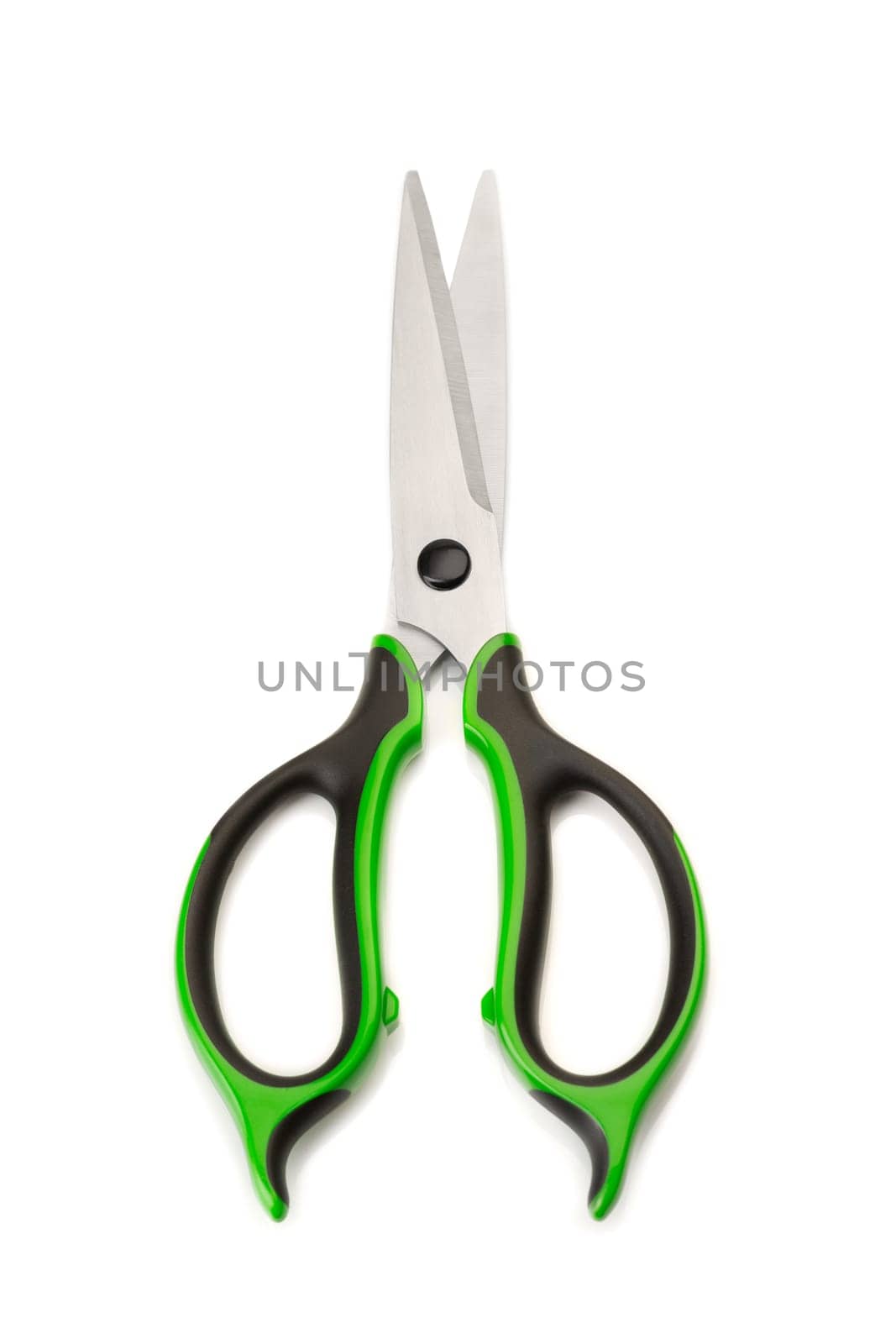 Steel scissors with rubber grips, green and black. Isolate on white.
