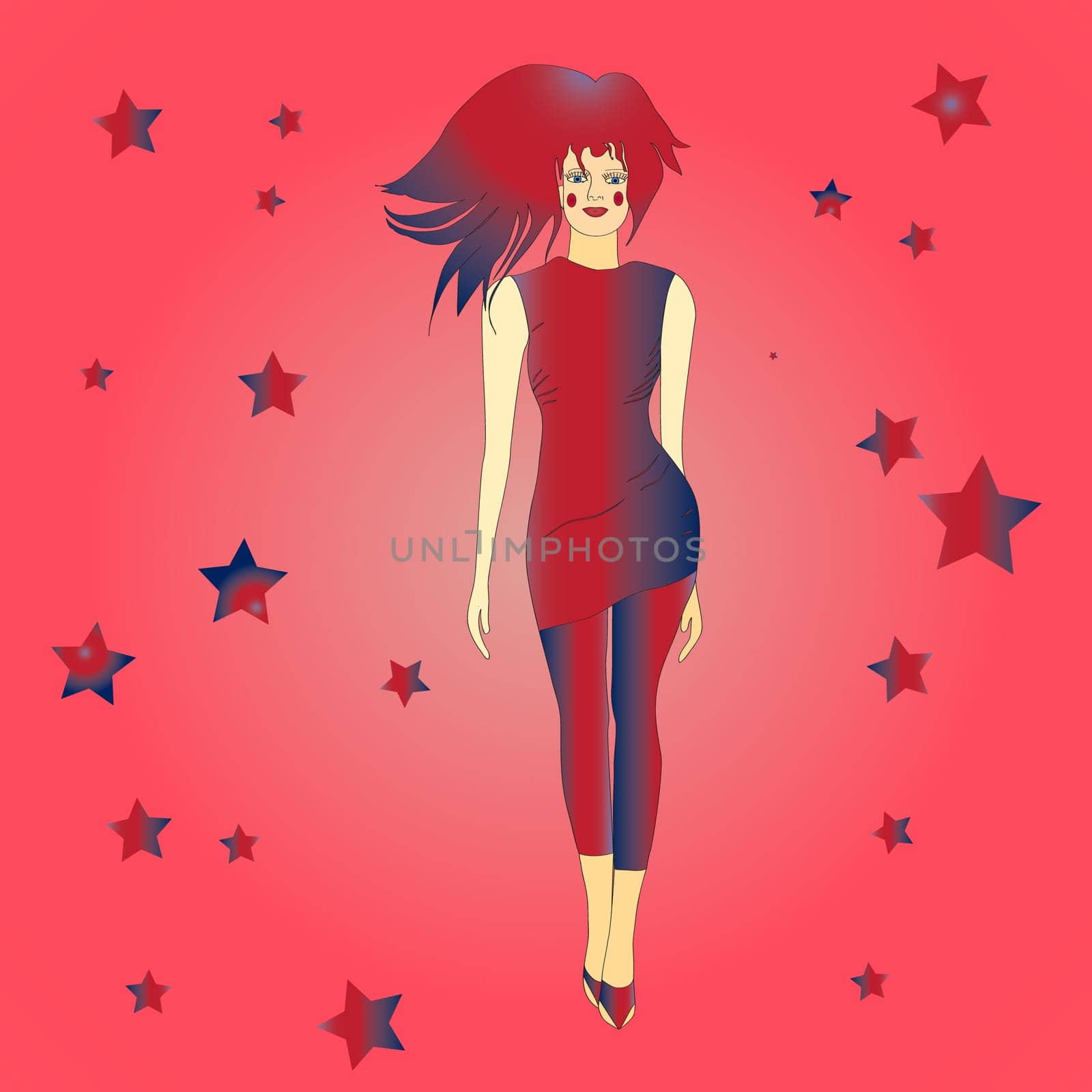 Beautiful woman fashion catwalk, vector sketch illustration.