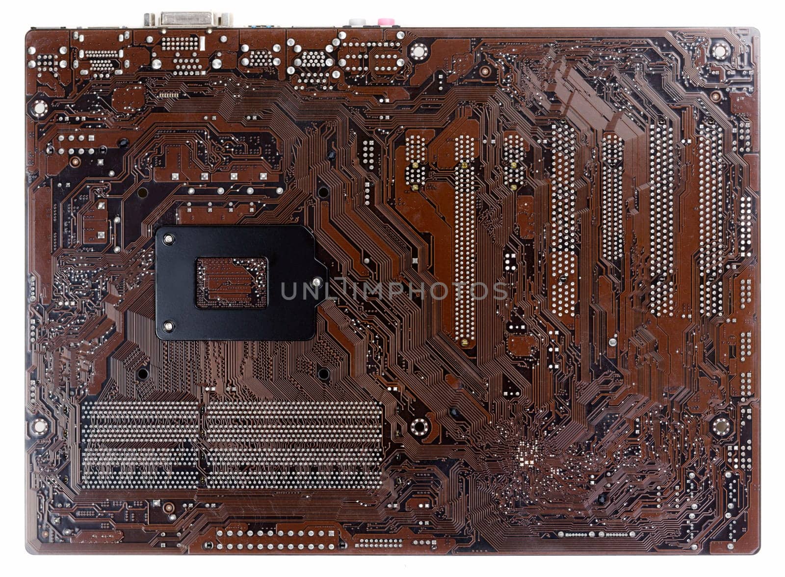 Brown motherboard for socket 1150 on a white background in high resolution.