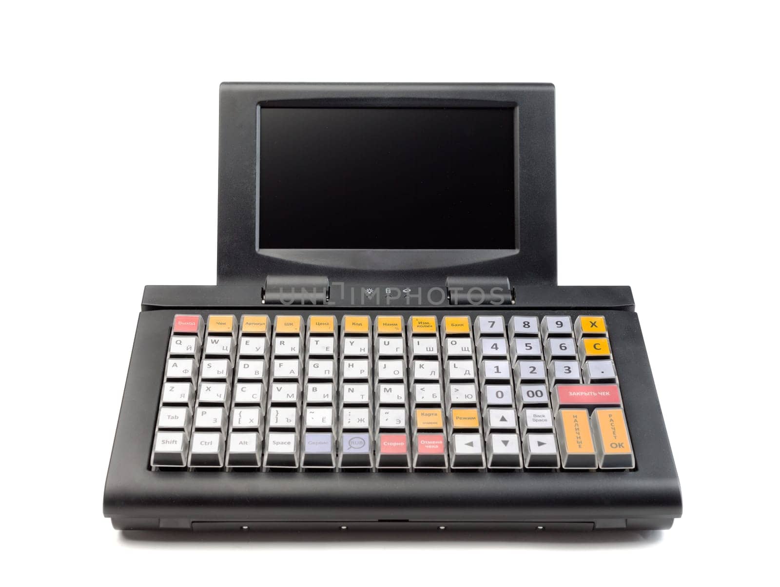 A modern cash register on a white background.