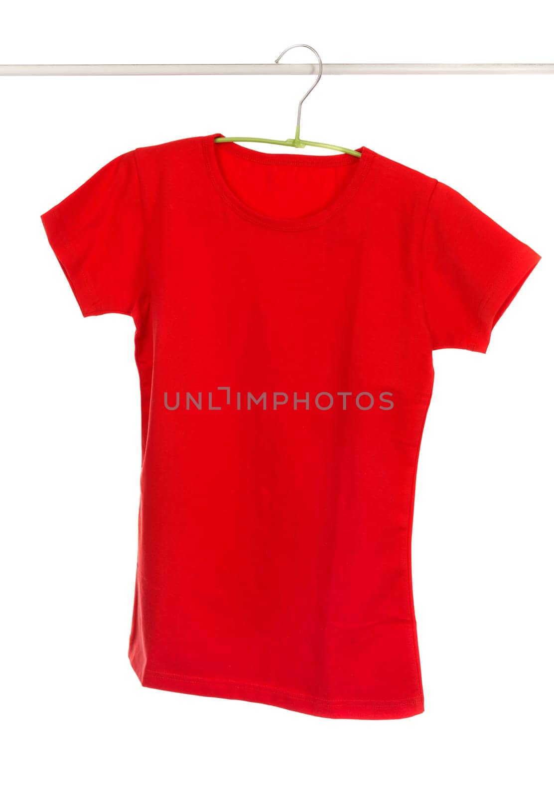 Red t-shirt with clothes hanger isolated on white.