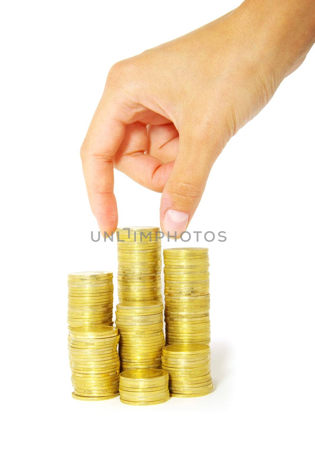 Hand put coin to money staircase isolated on white background
