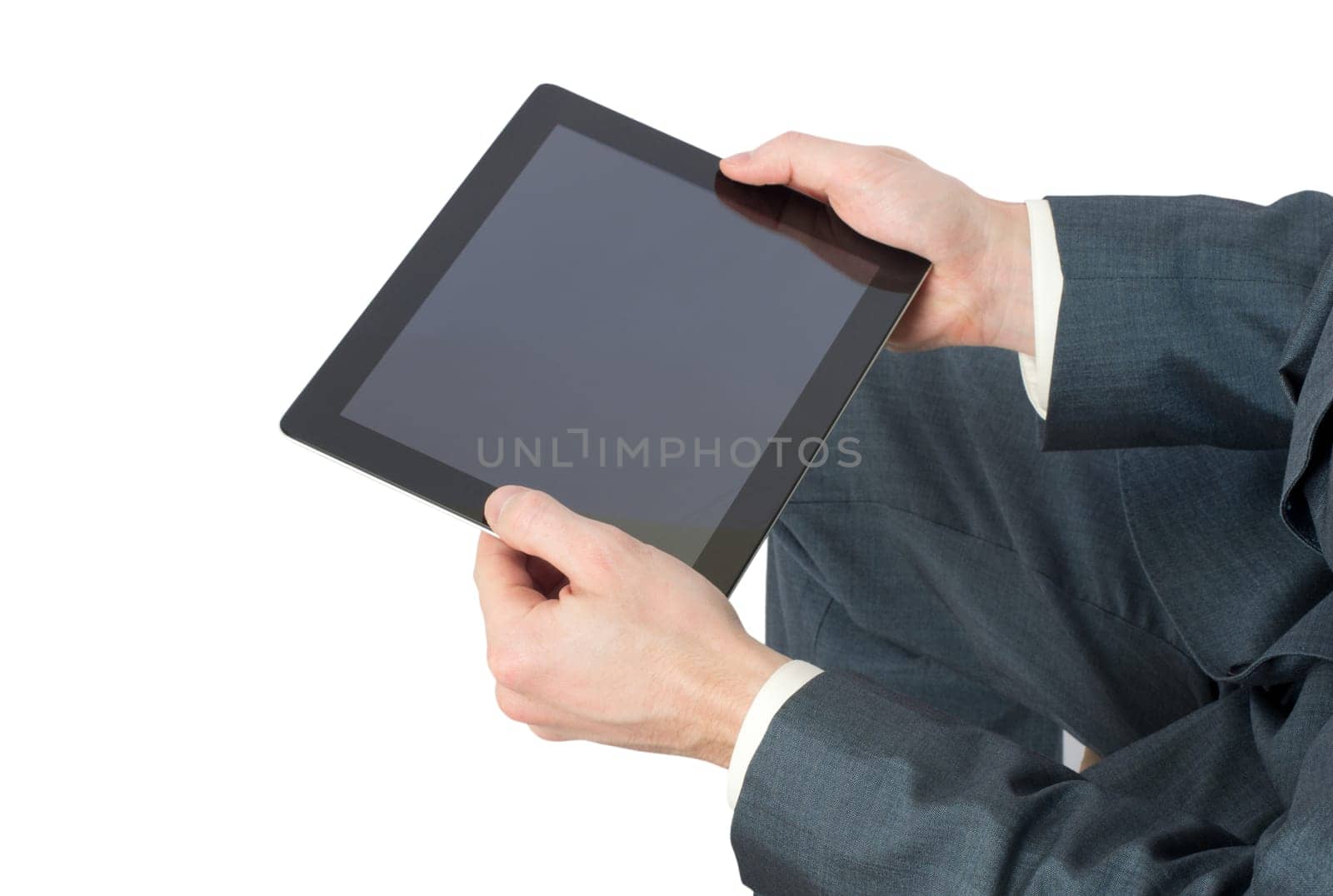 hands with tablet computer on white