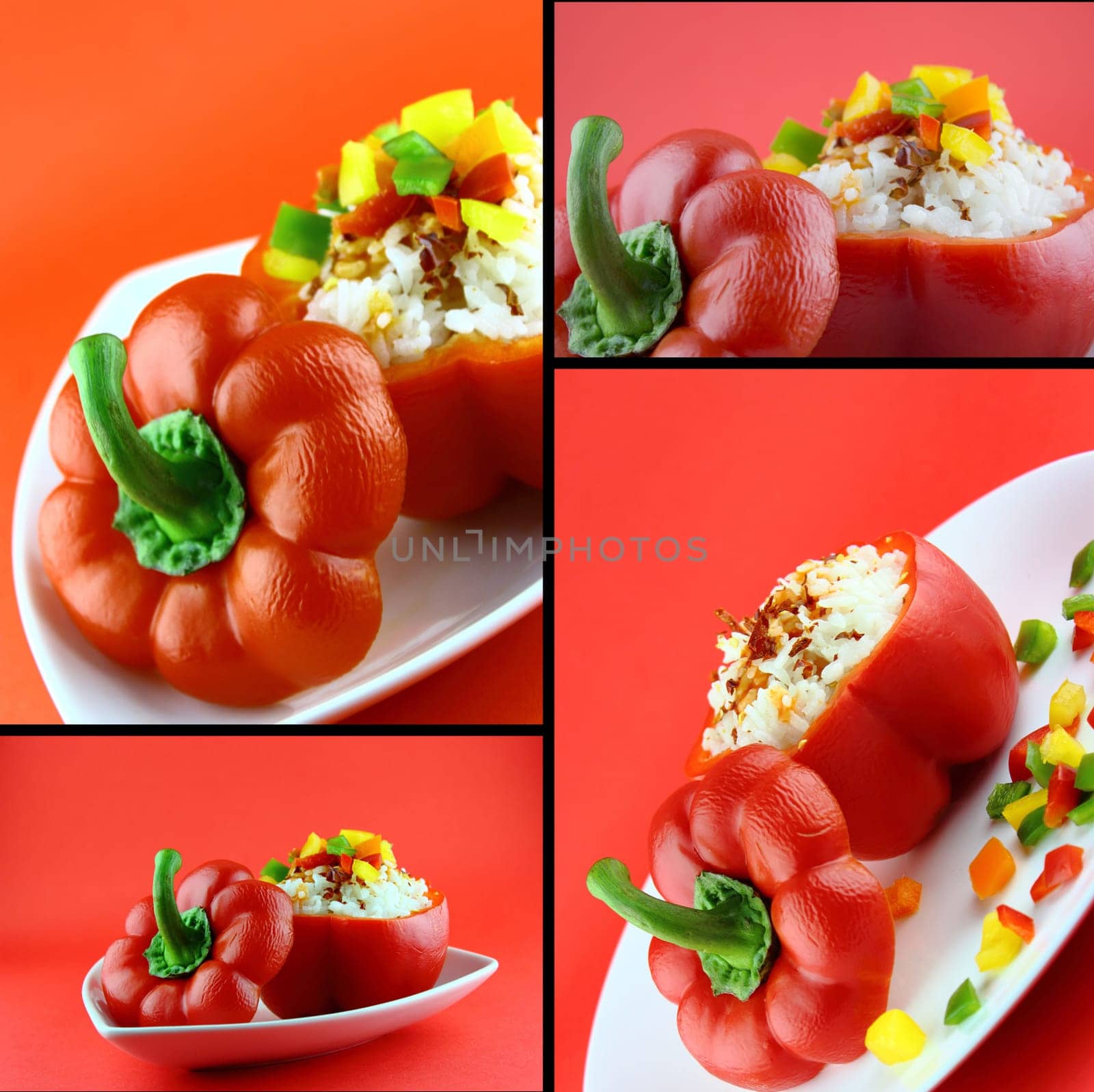 Stuffed red pepper in a dish on red background .