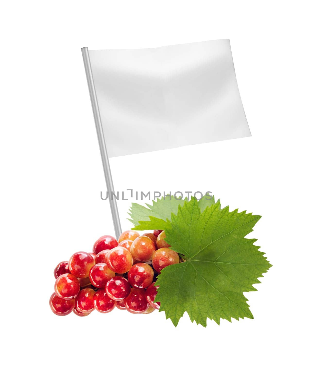 Healthy and organic food concept. Fresh red Ripe grapes with leaf with flag showing the benefits or the price of fruits.