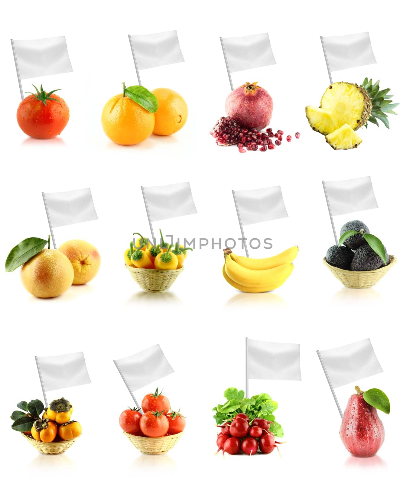 Healthy and organic food concept. Set of fresh fruits and vegetables with flag showing the benefits or the price of fruits.