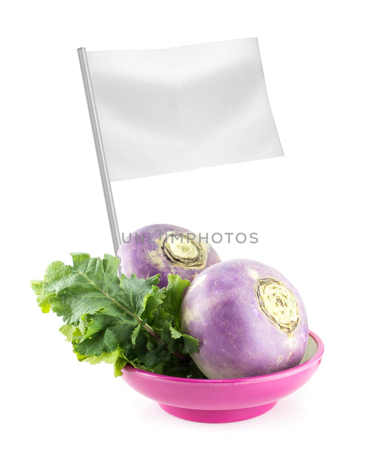Healthy and organic food concept. Fresh purple headed turnips with flag showing the benefits or the price of fruits.