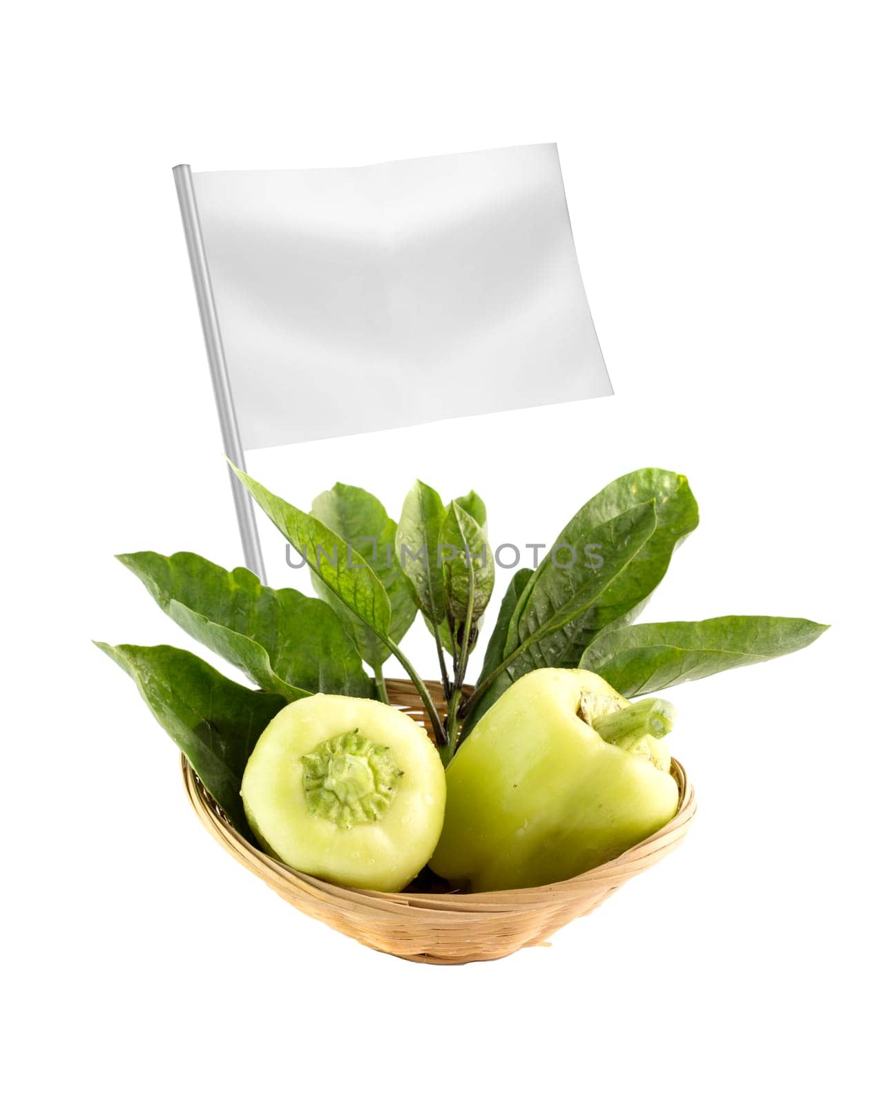 Healthy and organic food concept. Fresh green Pepper with flag showing the benefits or the price of fruits.