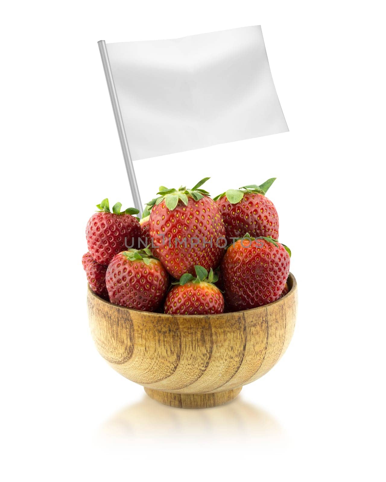 Healthy and organic food concept. Fresh Strawberries  with flag showing the benefits or the price of fruits.