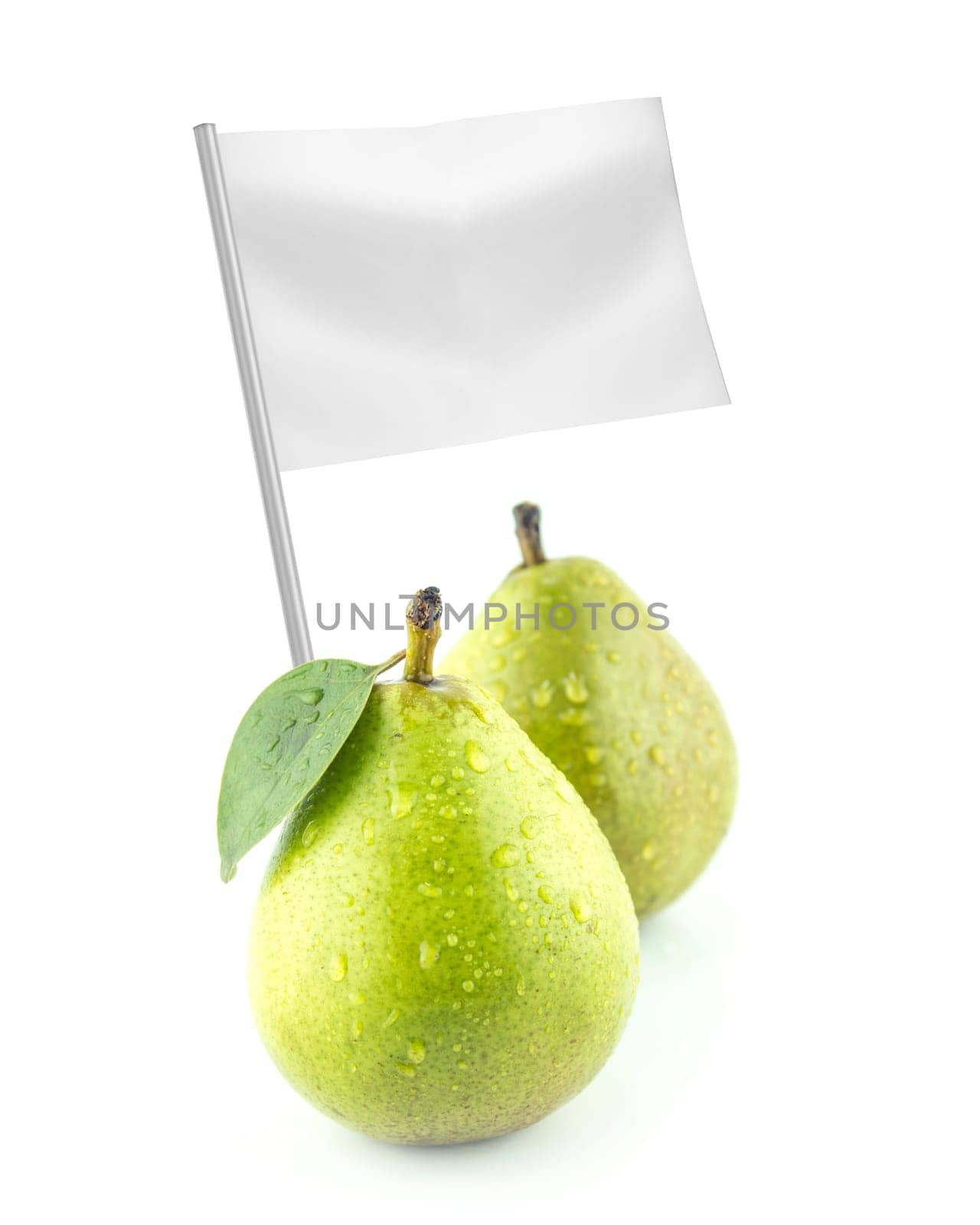 Healthy and organic food concept. Fresh  Green Pears with flag showing the benefits or the price of fruits.