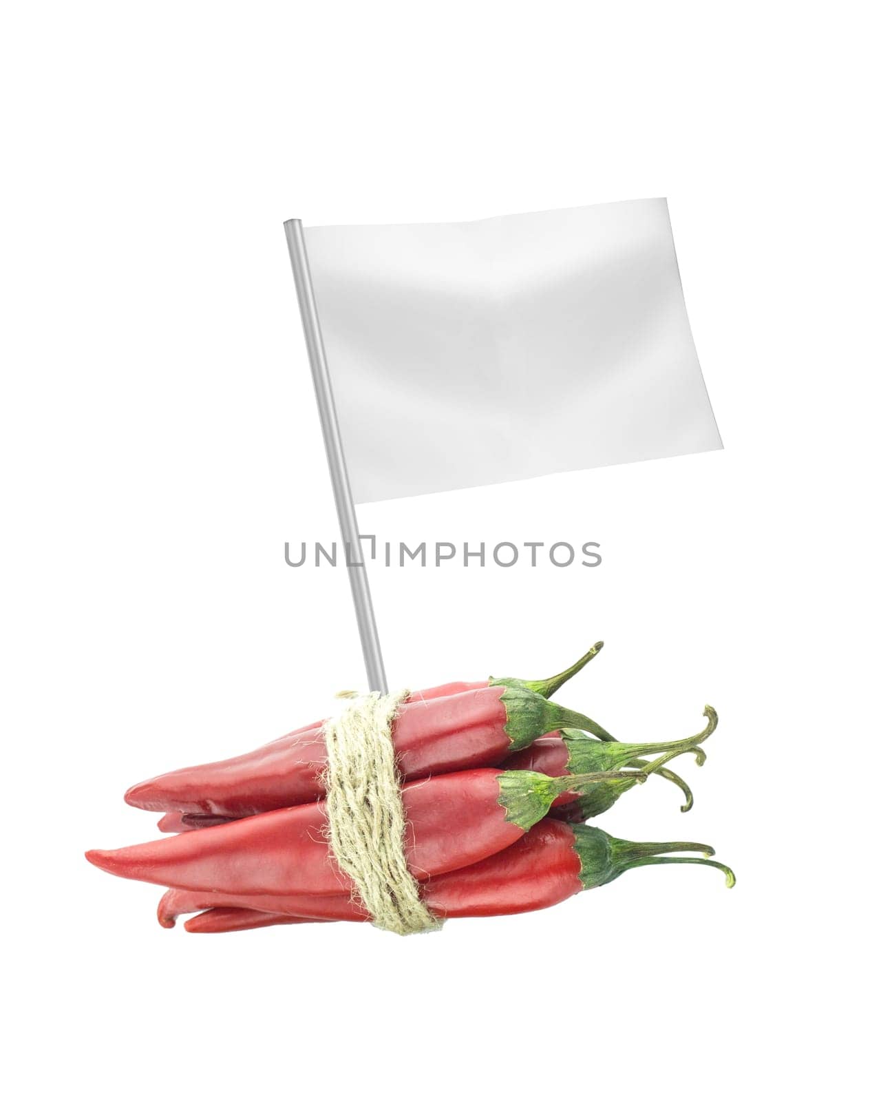 Healthy and organic food concept. Fresh red hot chili pepper with flag showing the benefits or the price of fruits.