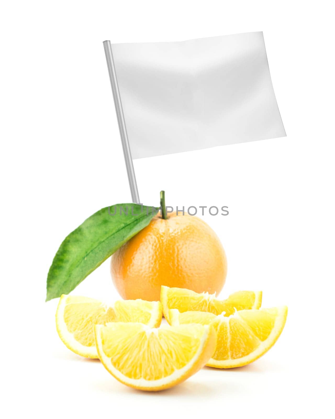 Healthy and organic food concept. Fresh Orange with flag showing the benefits or the price of fruits.