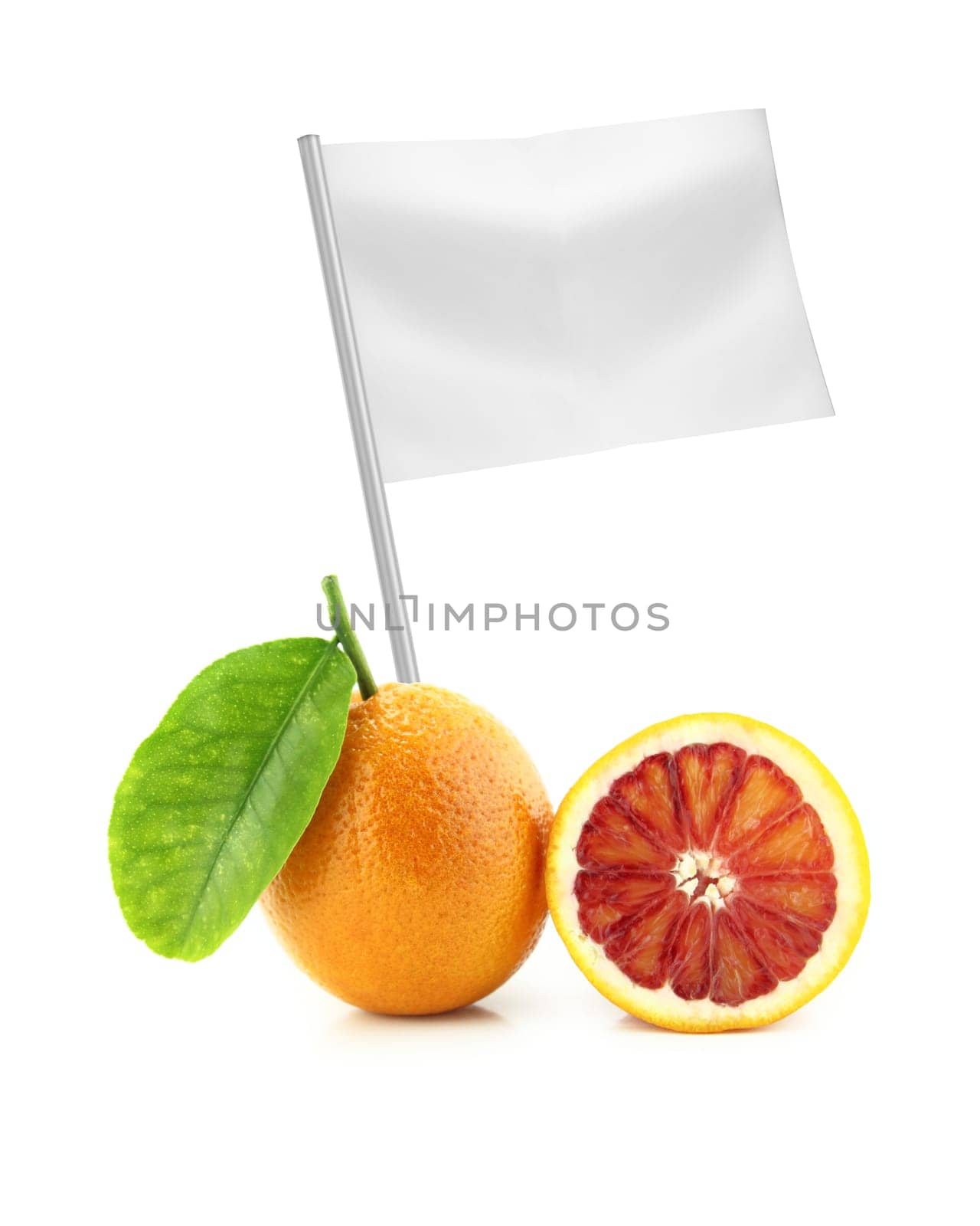 Healthy and organic food concept. Fresh Orange with flag showing the benefits or the price of fruits.