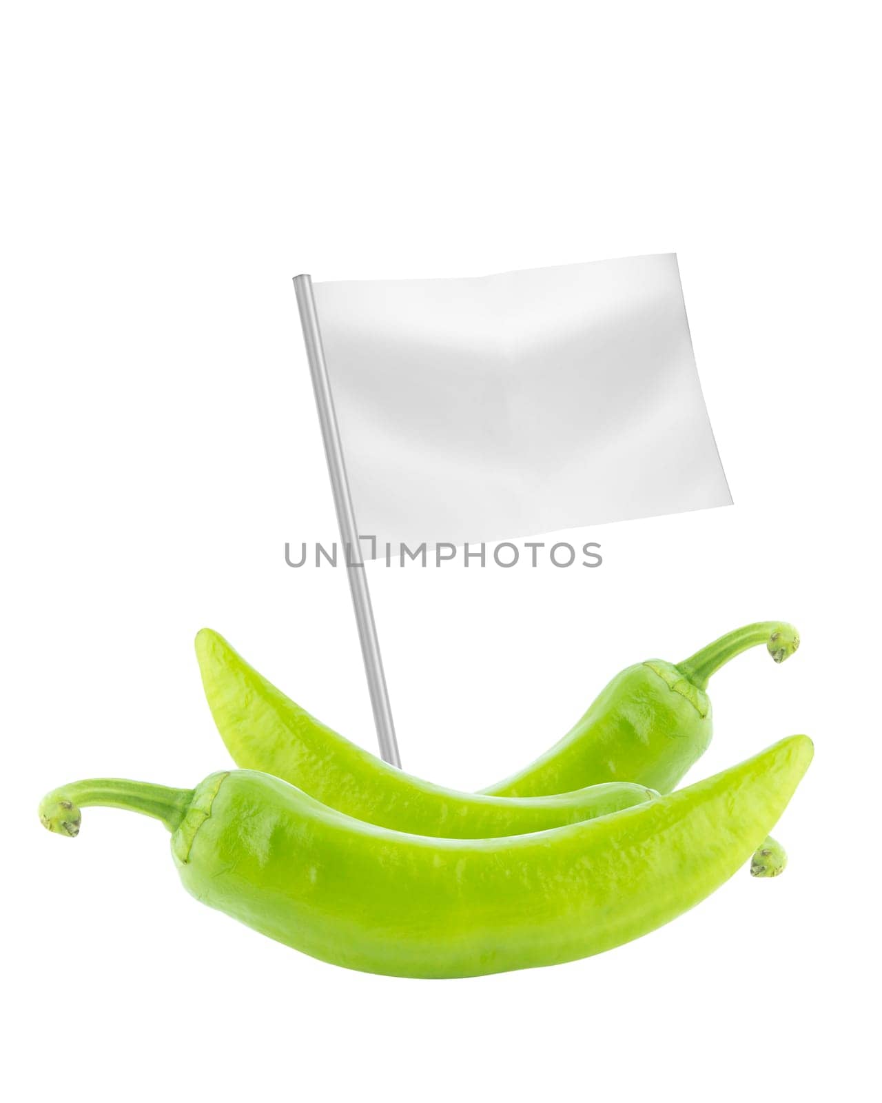 Healthy and organic food concept. Fresh green hot chili pepper with flag showing the benefits or the price of fruits.