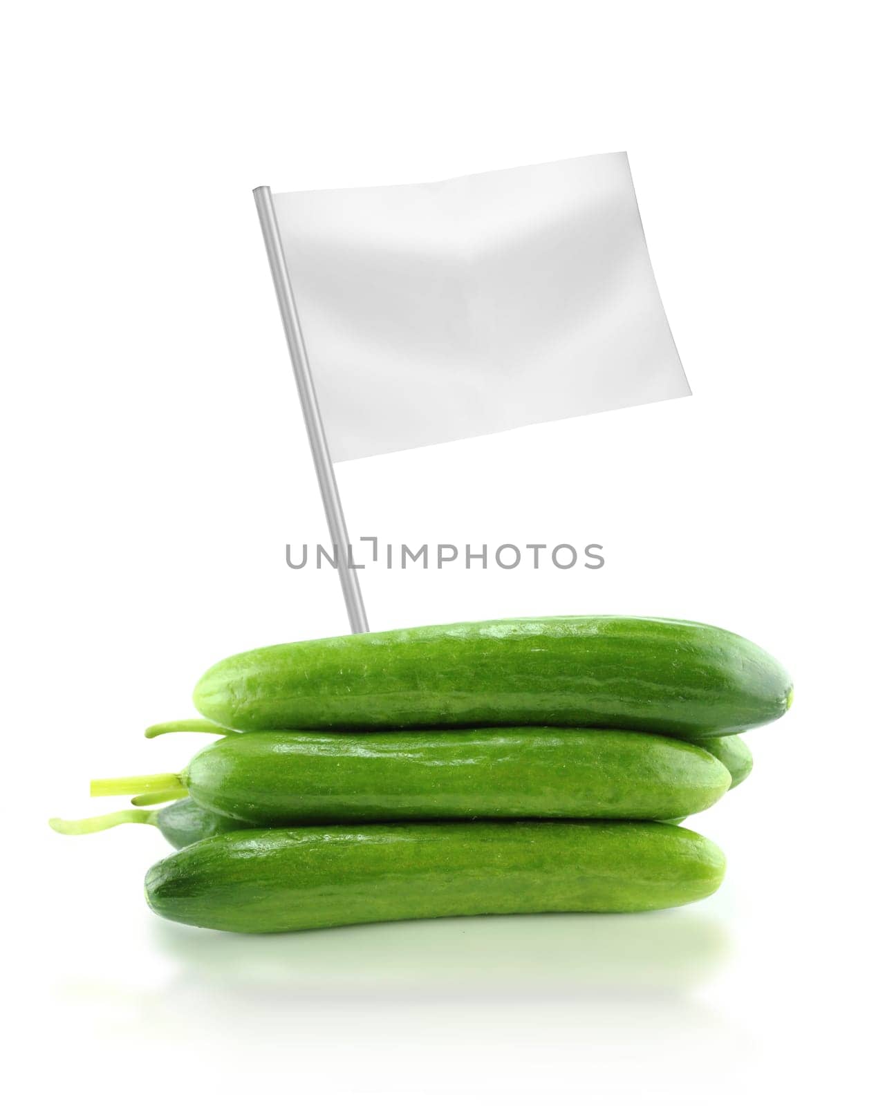 Healthy and organic food concept. Fresh Cucumber  with flag showing the benefits or the price of fruits.