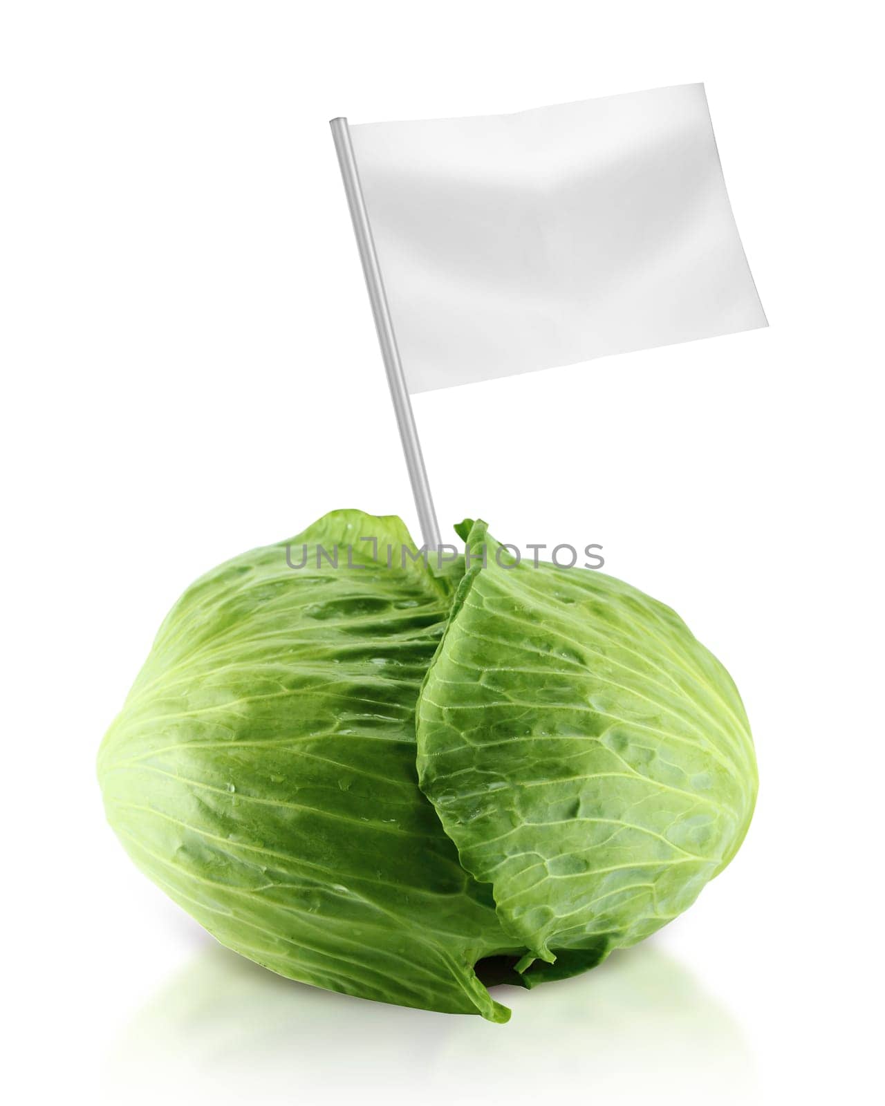 Healthy and organic food concept. Fresh  green cabbage with flag showing the benefits or the price of fruits.
