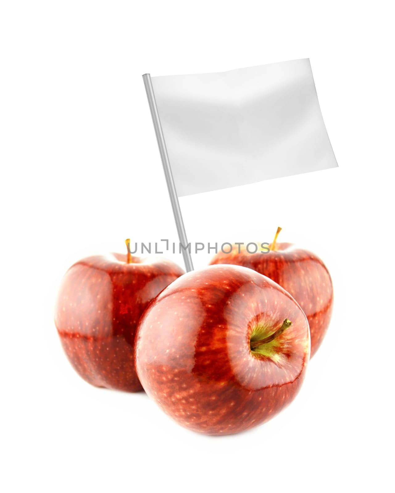 Healthy and organic food concept. Fresh red apples with flag showing the benefits or the price of fruits.