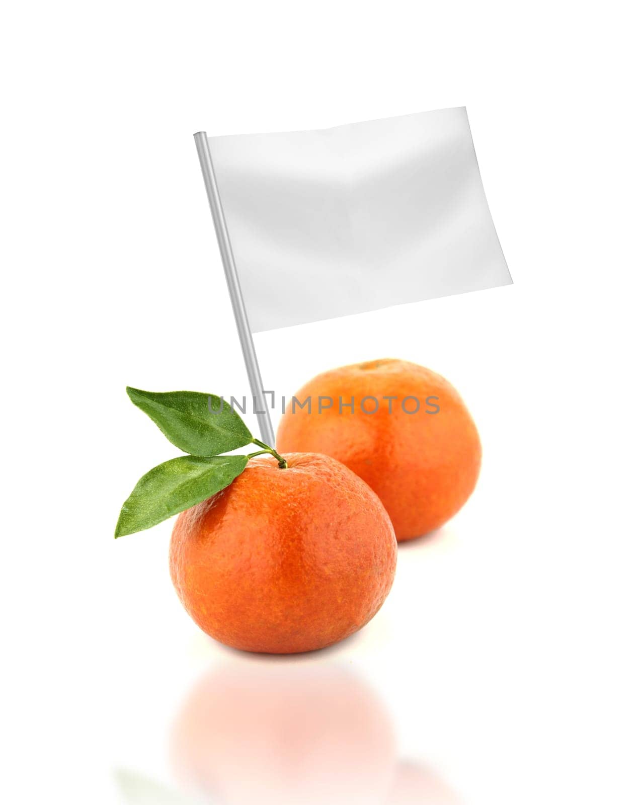 Healthy and organic food concept. Fresh tangerine  with flag showing the benefits or the price of fruits.