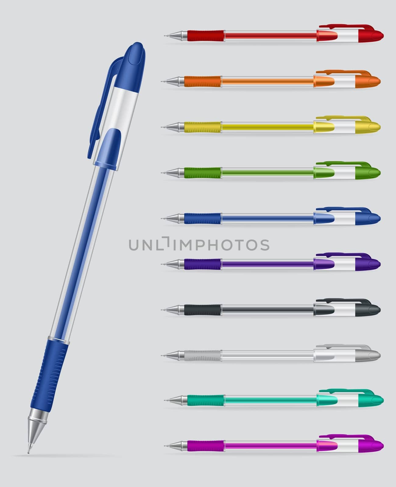 Set of colorful gel pens with open caps isolated on white background