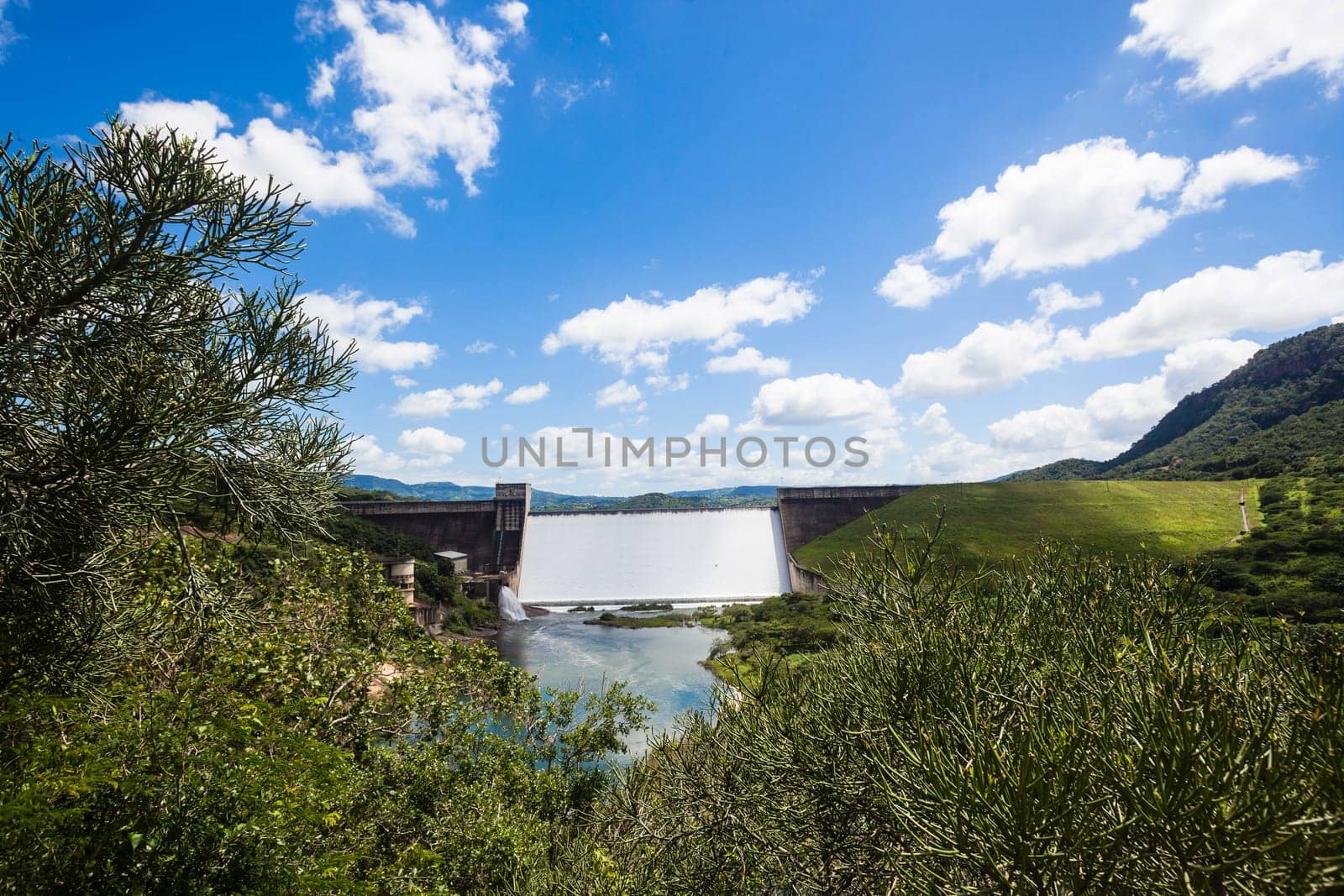 Dam filled to capacity and water flowing over the high wall with energy and power into summer green valley.