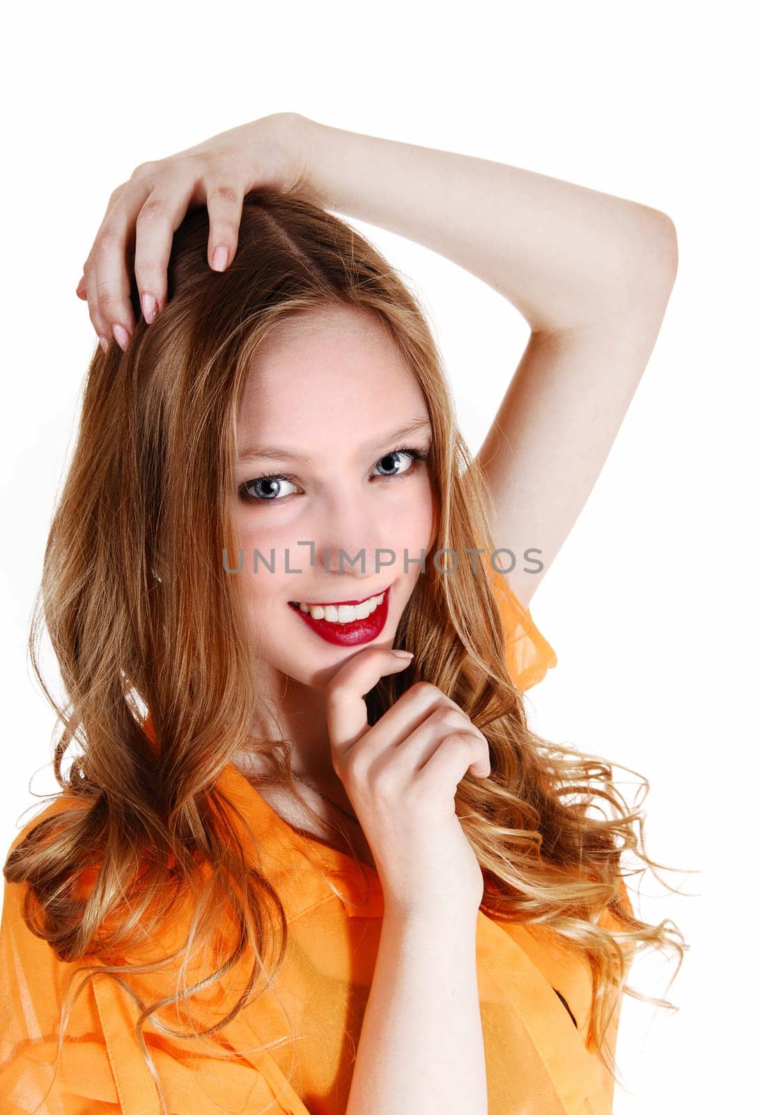 A closeup picture of a lovely teenager with blue eye's and long brunette.hair, isolated for white background..