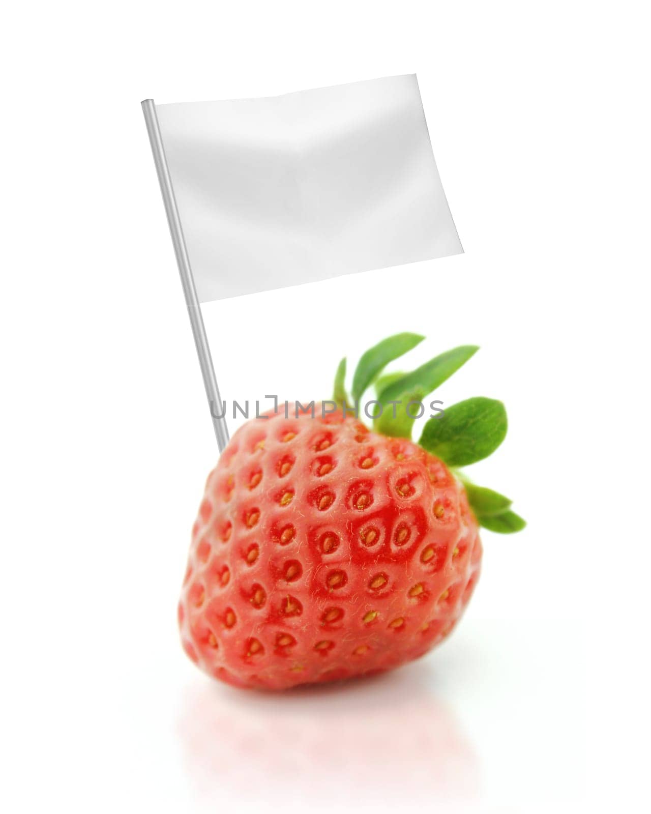 Healthy and organic food concept. Fresh Strawberry with flag showing the benefits or the price of fruits.