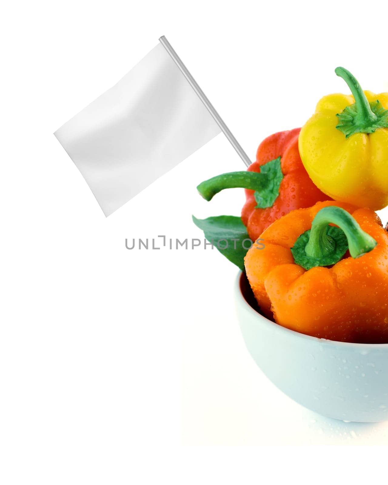 Healthy and organic food concept. Fresh colorful sweet bell pepper with flag showing the benefits or the price of fruits.