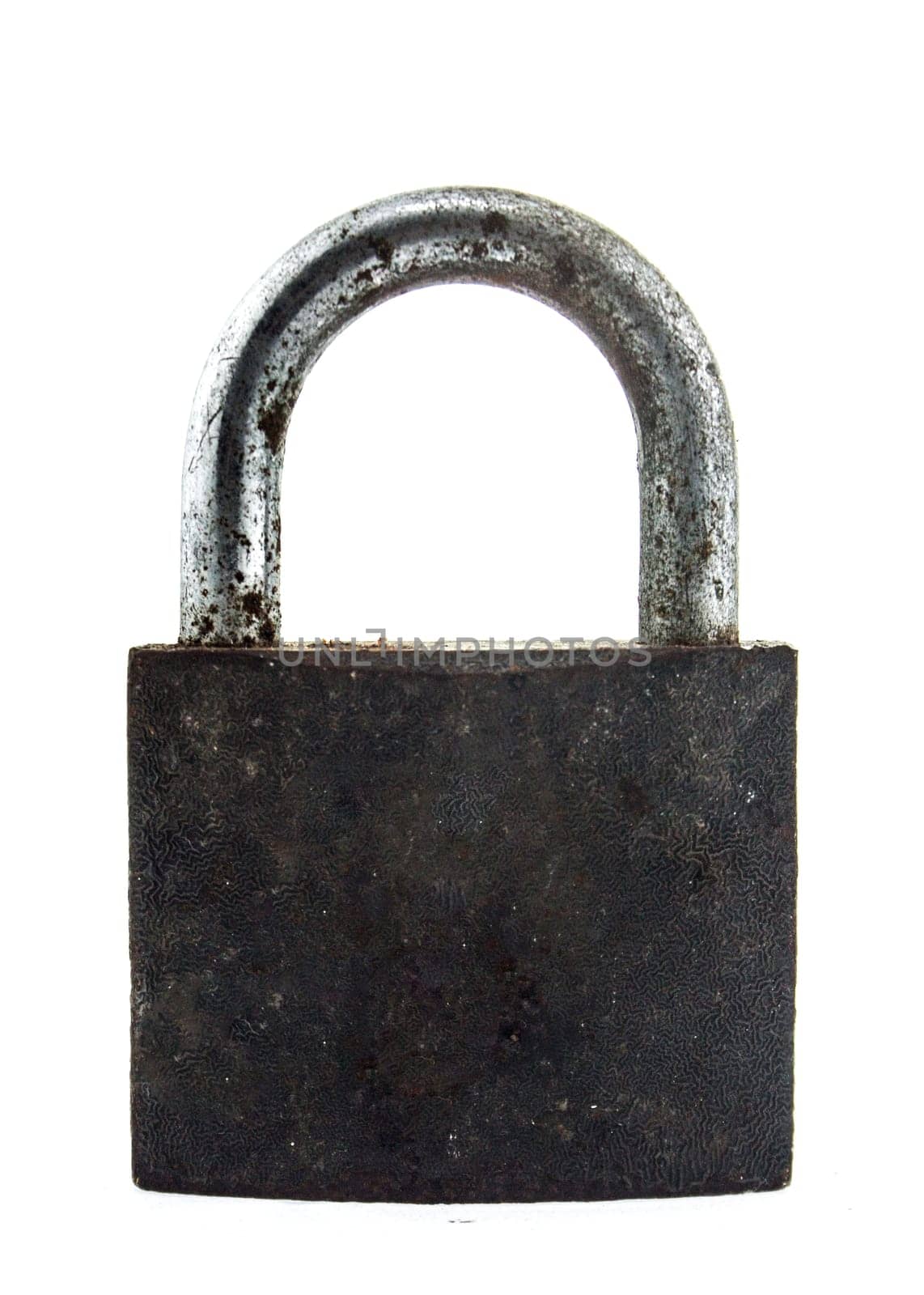 old metal padlock on white background.