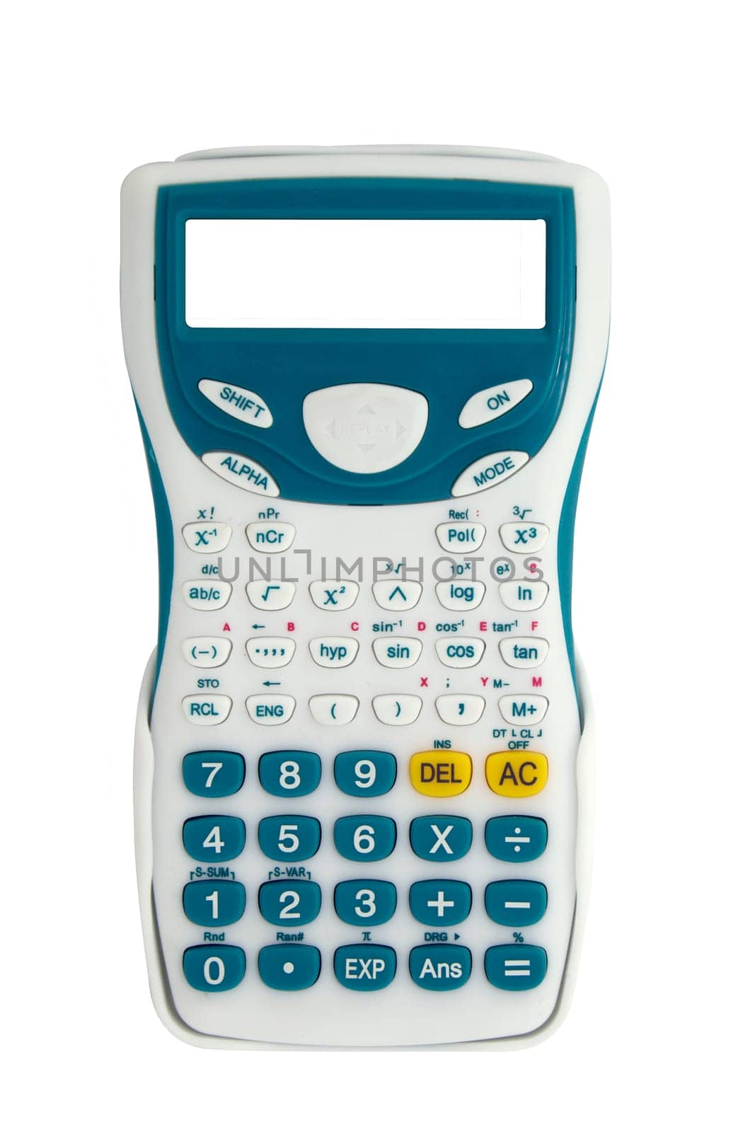 Top view of a calculator isolated on white background
