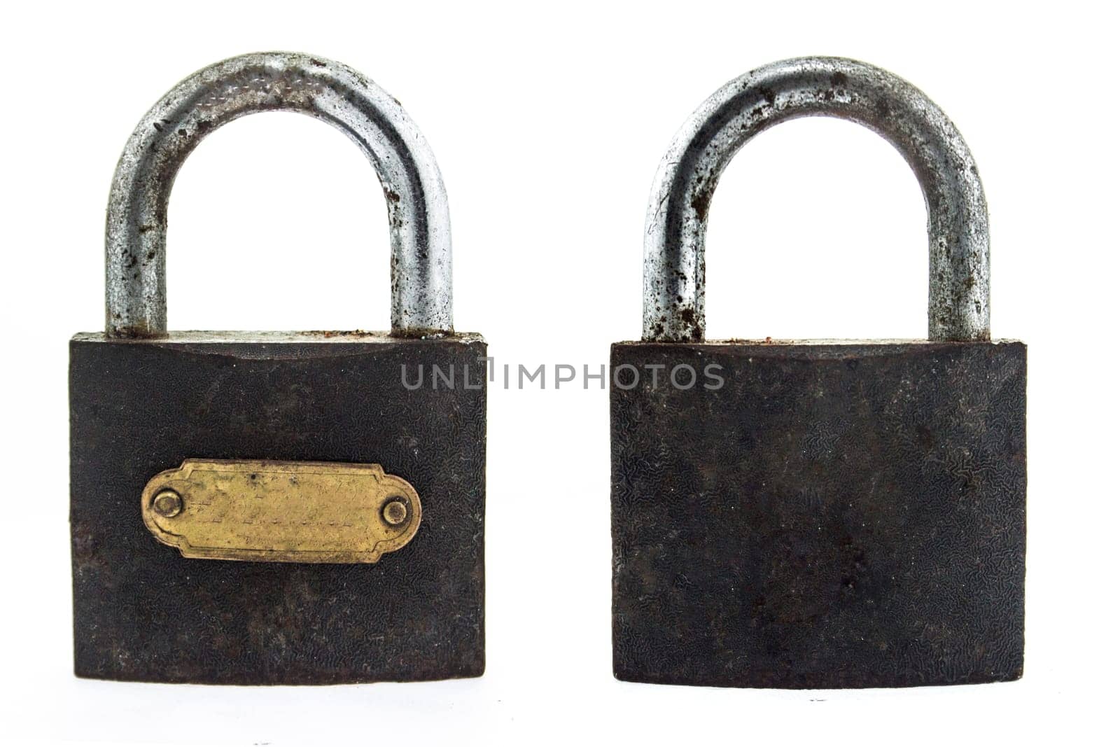 old metal padlock on white background.