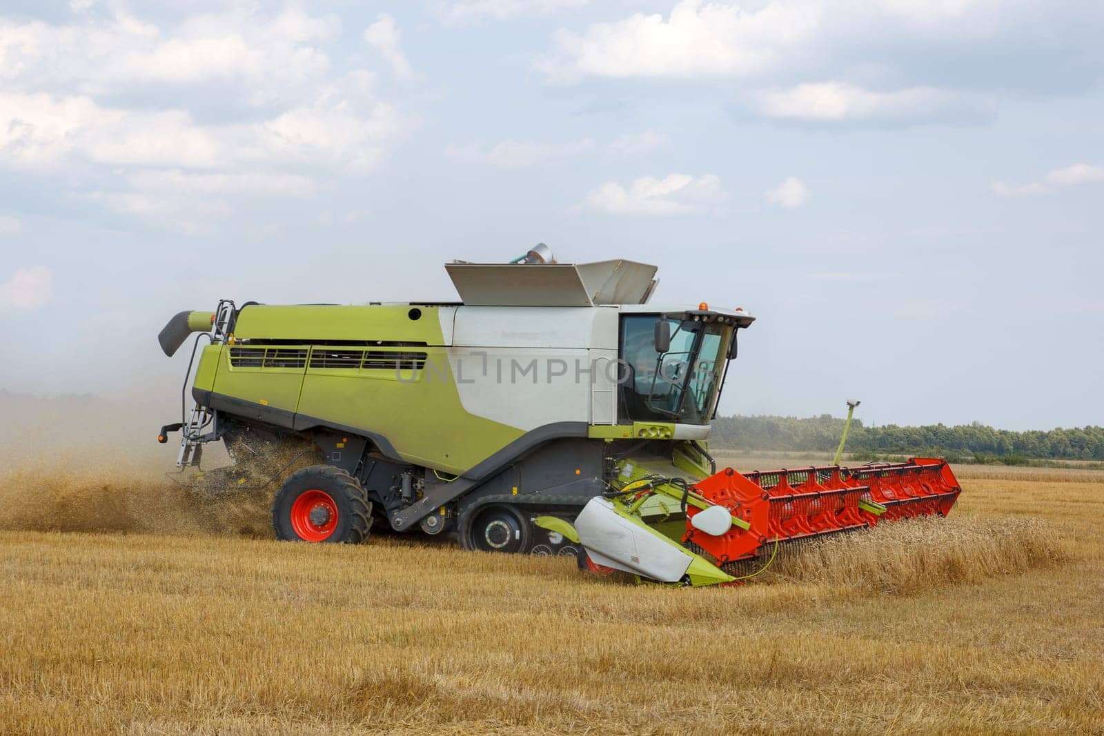 The combine mows wheat in a field