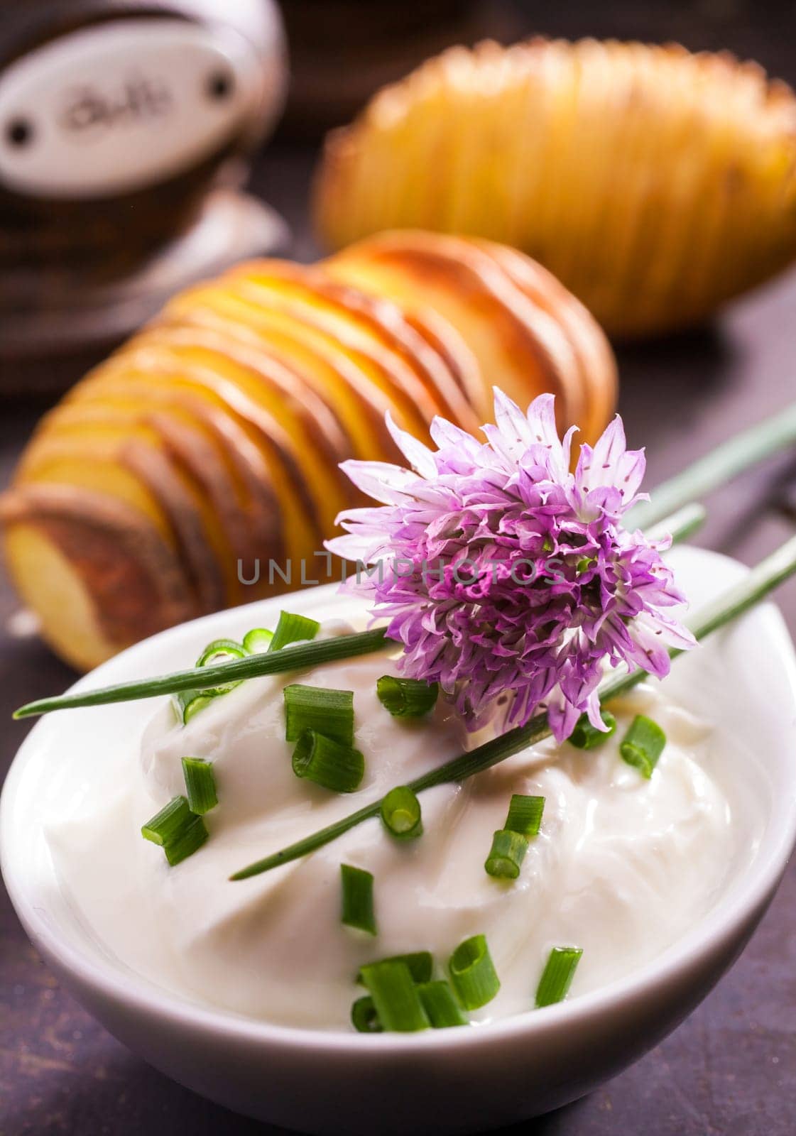 Fresh leaves and flower of a chive plant, Allium schoenoprasum, a popular potherb used as a flavoring and garnish in cooking and salads for its onion-like taste