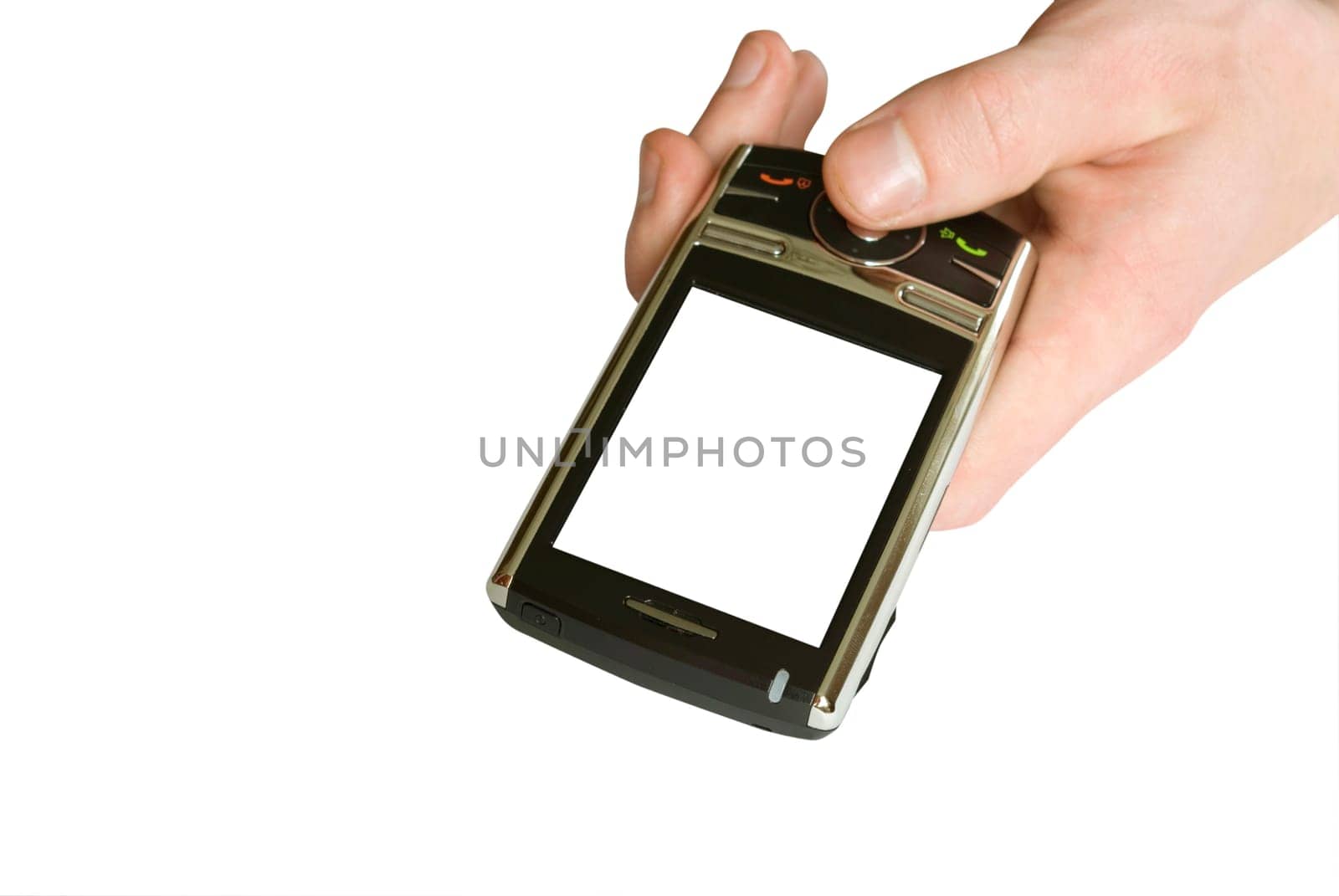 hands with mobile on white